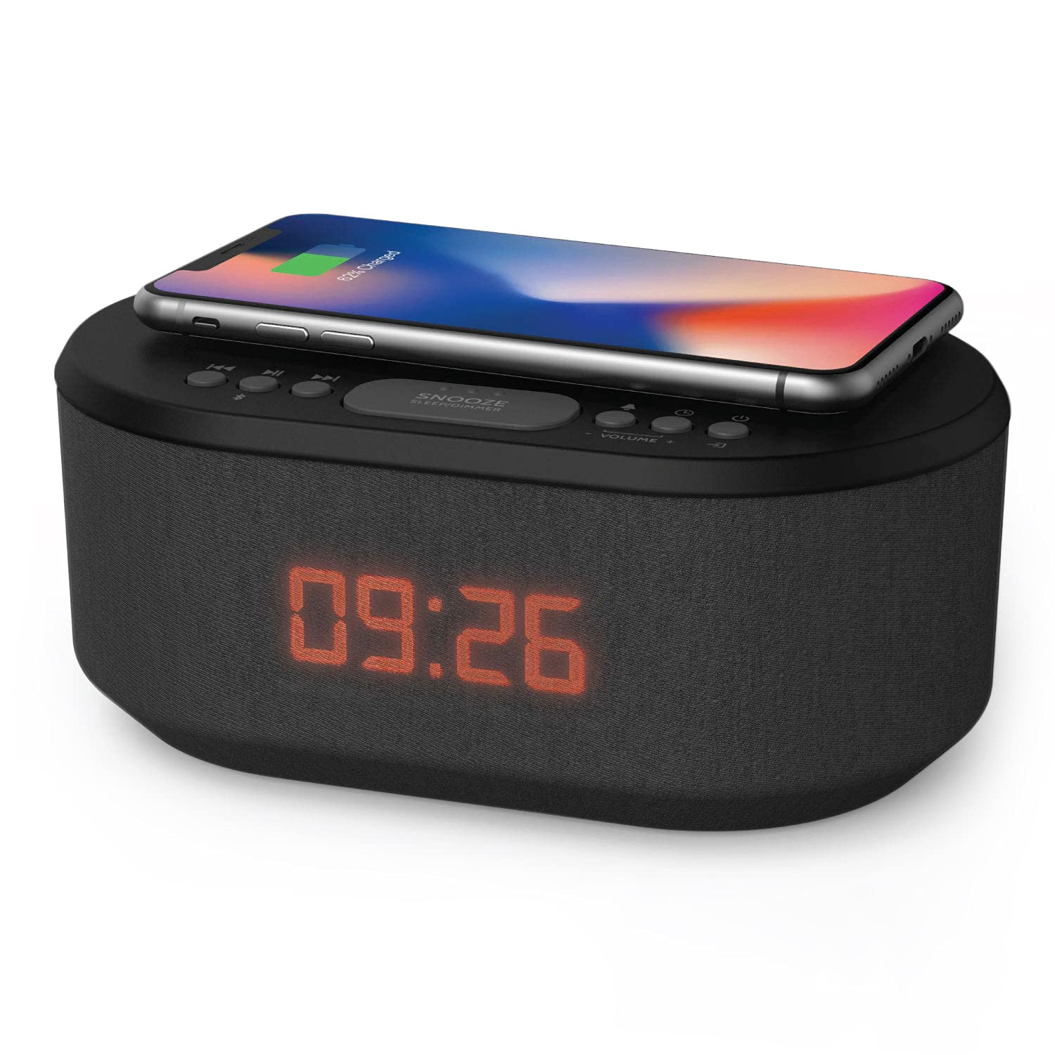i-box Bedside Wireless Charging Alarm Clock Radio with Dimmable LED Display - Non Ticking Mains Powered Dual Alarm Clock with USB Charger and Bluetooth Speaker, Black