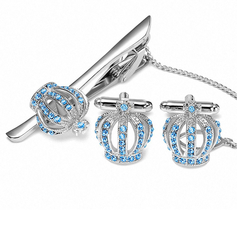 BagTu Crown Cufflinks and Tie Clip Set Crystal Embeded Blue Cufflinks Gift for Men Wedding Party