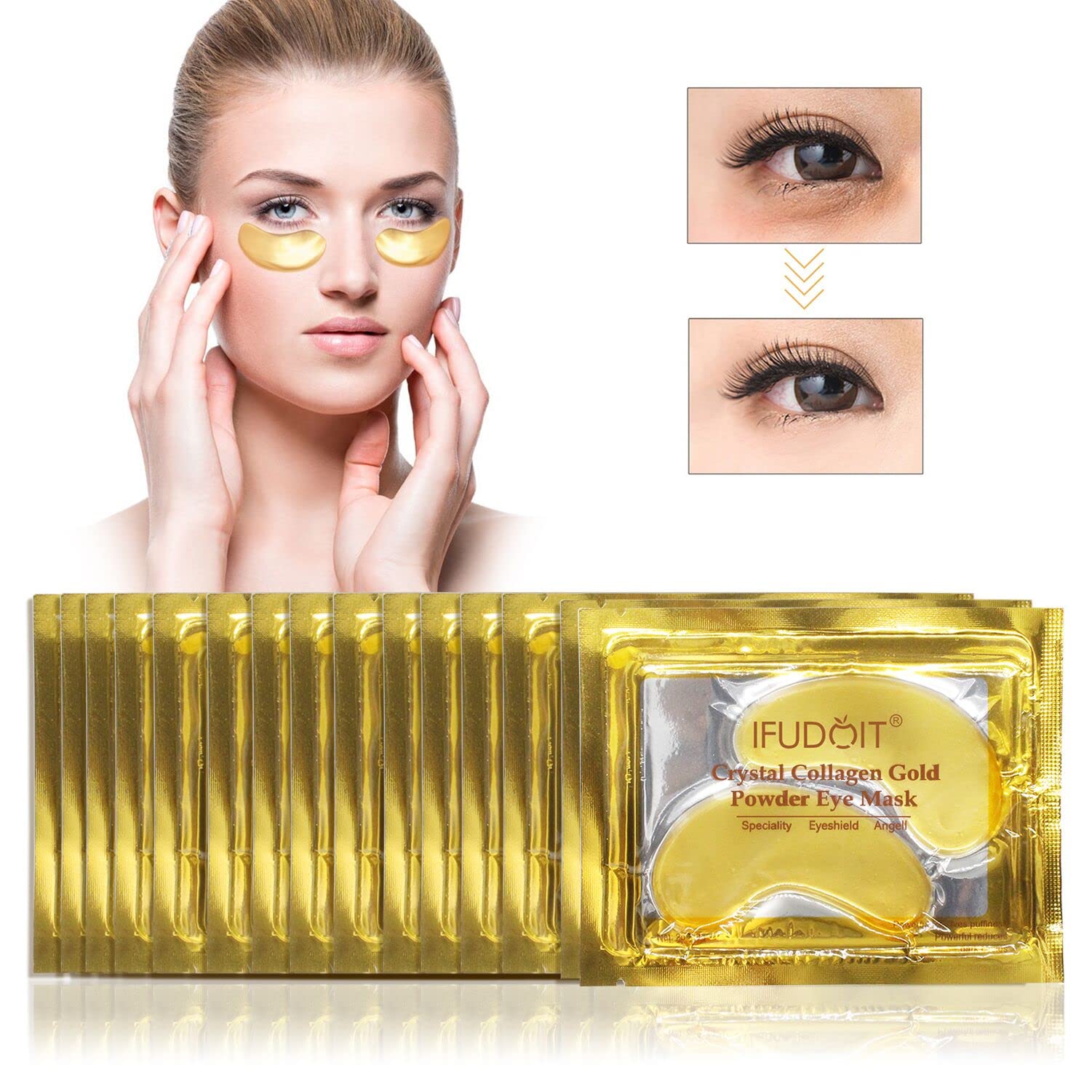 Premium Crystal 24K Gold Powder Gel Collagen Eye Mask 25 Pairs, Eye Treatment Masks for Women and Men, Moisturizing & Hydrating, Anti Aging, Reduce Eye Wrinkles, Eye Bags, Dark Circles, Puffiness