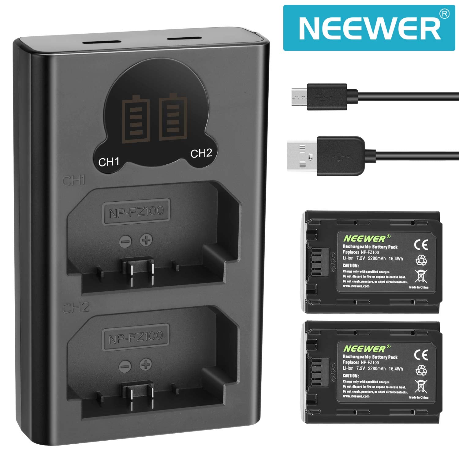 Neewer NP-FZ100 Replacement Battery Charger Set - Dual USB Battery Charger with LCD Display Compatible with Sony A9 A7III A7RIII A7RIV Cameras (2-Pack 7.2V 2280mAh Battery Versatile Charging Option)