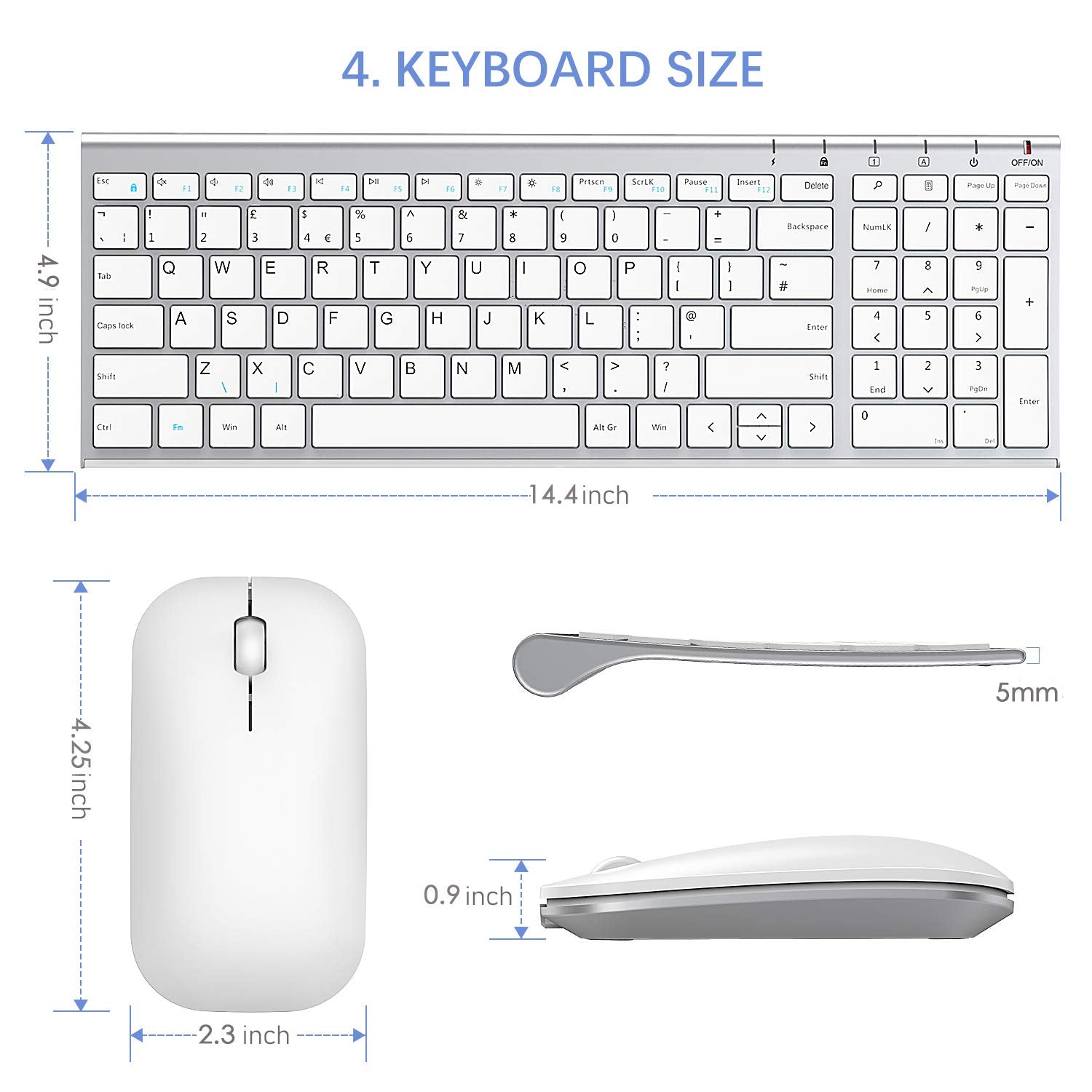 Rechargeabe Wireless Keyboard Mouse, Seenda Slim Thin Silent Keyboard and Mouse Set with Long Battery Life QWERTY UK Layout for Windows PC Laptop Computer, Silver White