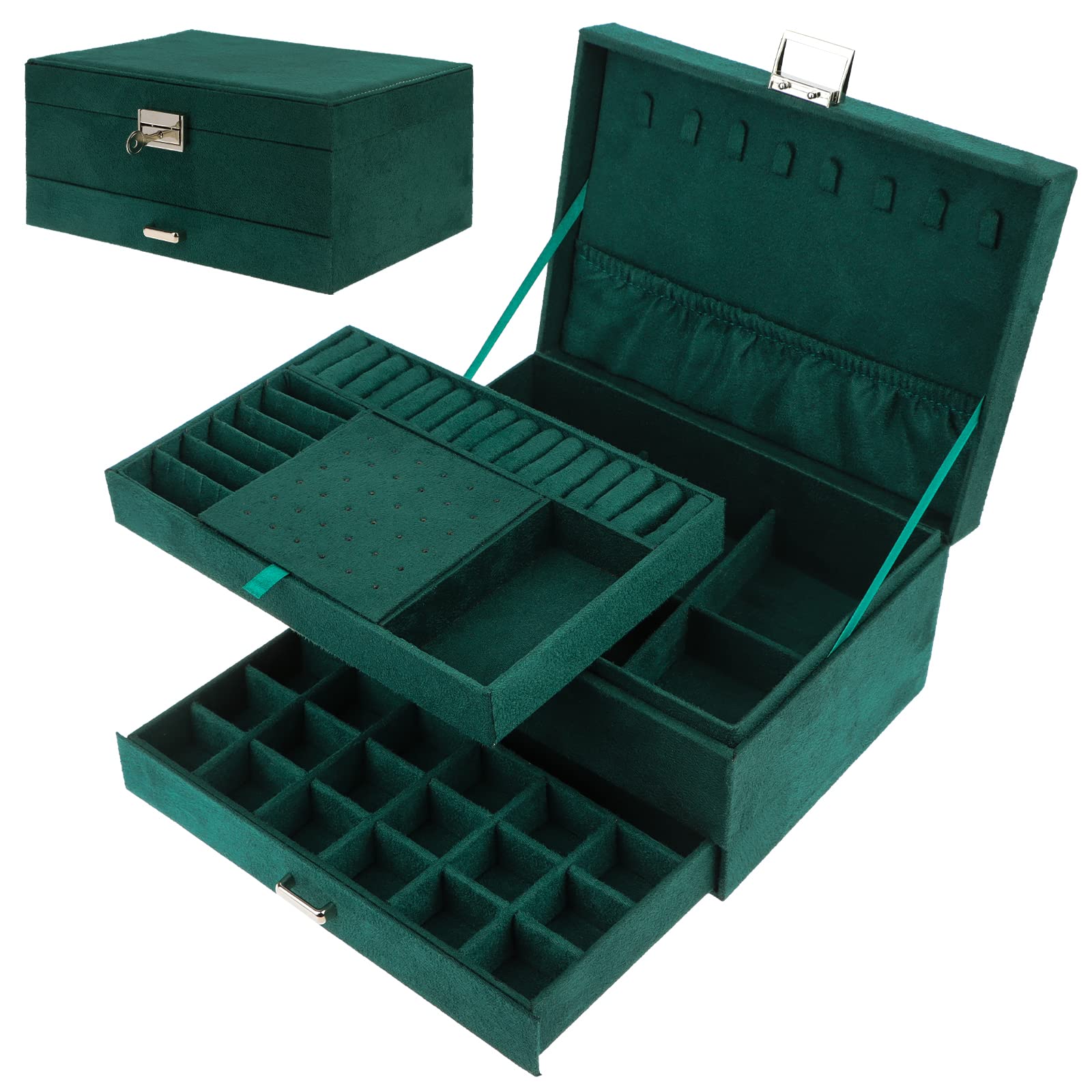 Vintage Green Flannel Jewelry Box for Women Girls, 3-Layer Large Capacity Retro Velvet Jewelry Organiser Storage Case Lockable for Earrings Necklace Bracelets Rings and Watches