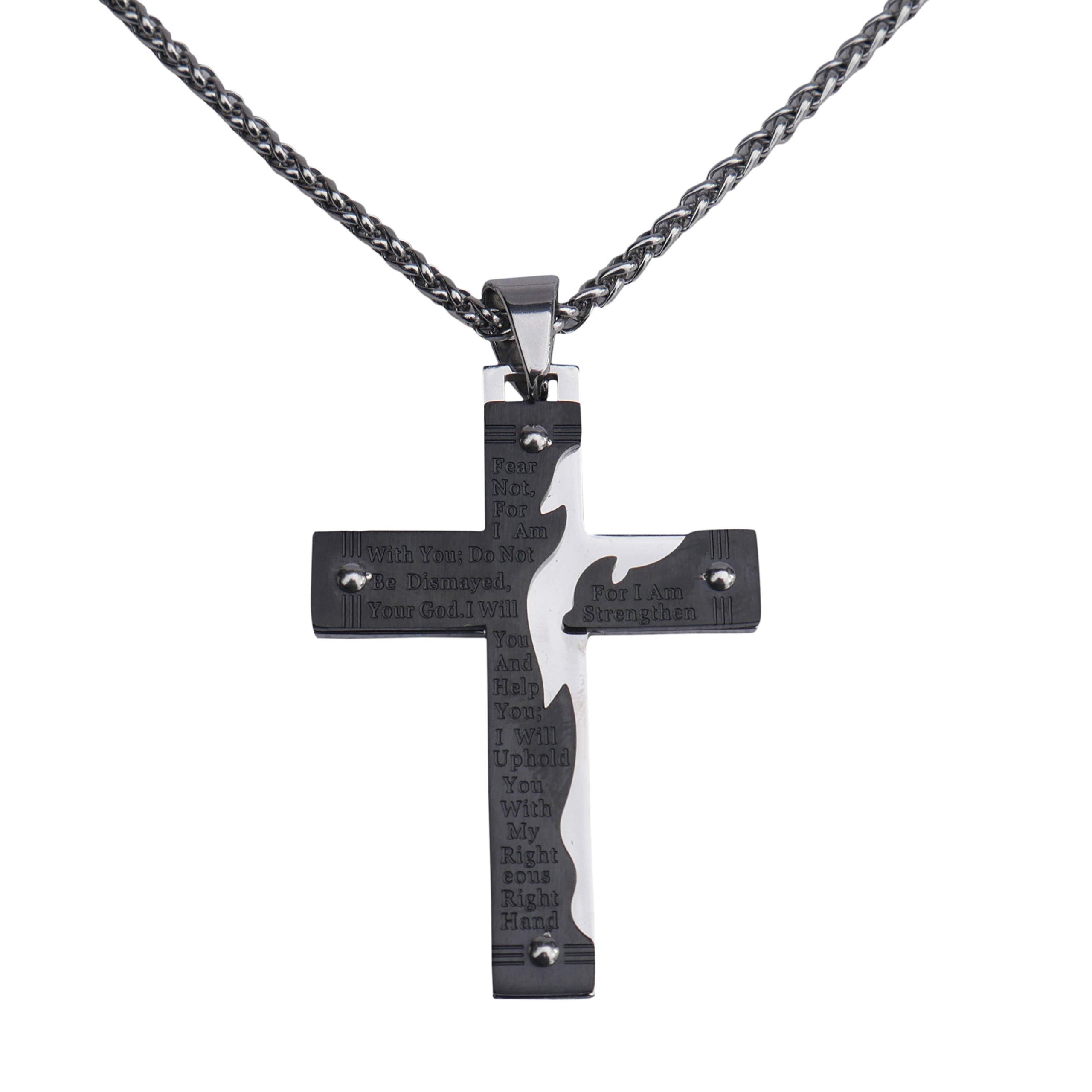 Epiphaneia Men's Fear Not Isaiah 41v10 Stainless Steel Cross Necklace Black & Silver - Mens Jewelry Cross Necklaces Christian Religious Gifts Christians Gift for Men - Birthday for Dad, Father's Day
