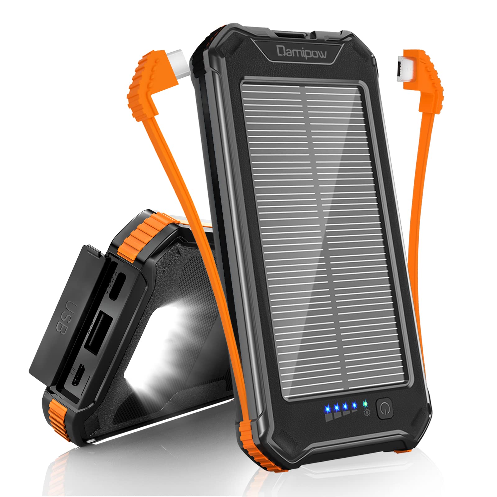 Solar Charger 20000mAh，Portable Solar Power Bank with Built-in USB B & USB C Cables,Solar Battery Charger with 3 Outputs, 2 Inputs, LED Flashlights for iPhone, iPad, Android, Tablets and More