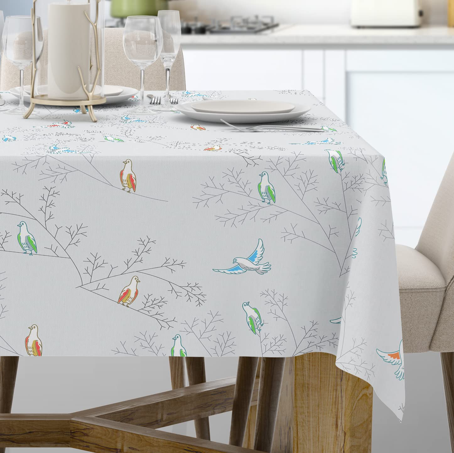 ADORNLITE PVC Wipeable Table Cloth - 137 x 200cm in Rectangle Shape, Pigeon Bird Design - Waterproof , Heat-Resistant & Polyester Backing Plastic Table Covers Wipe Clean for Party, Picnic & BBQ