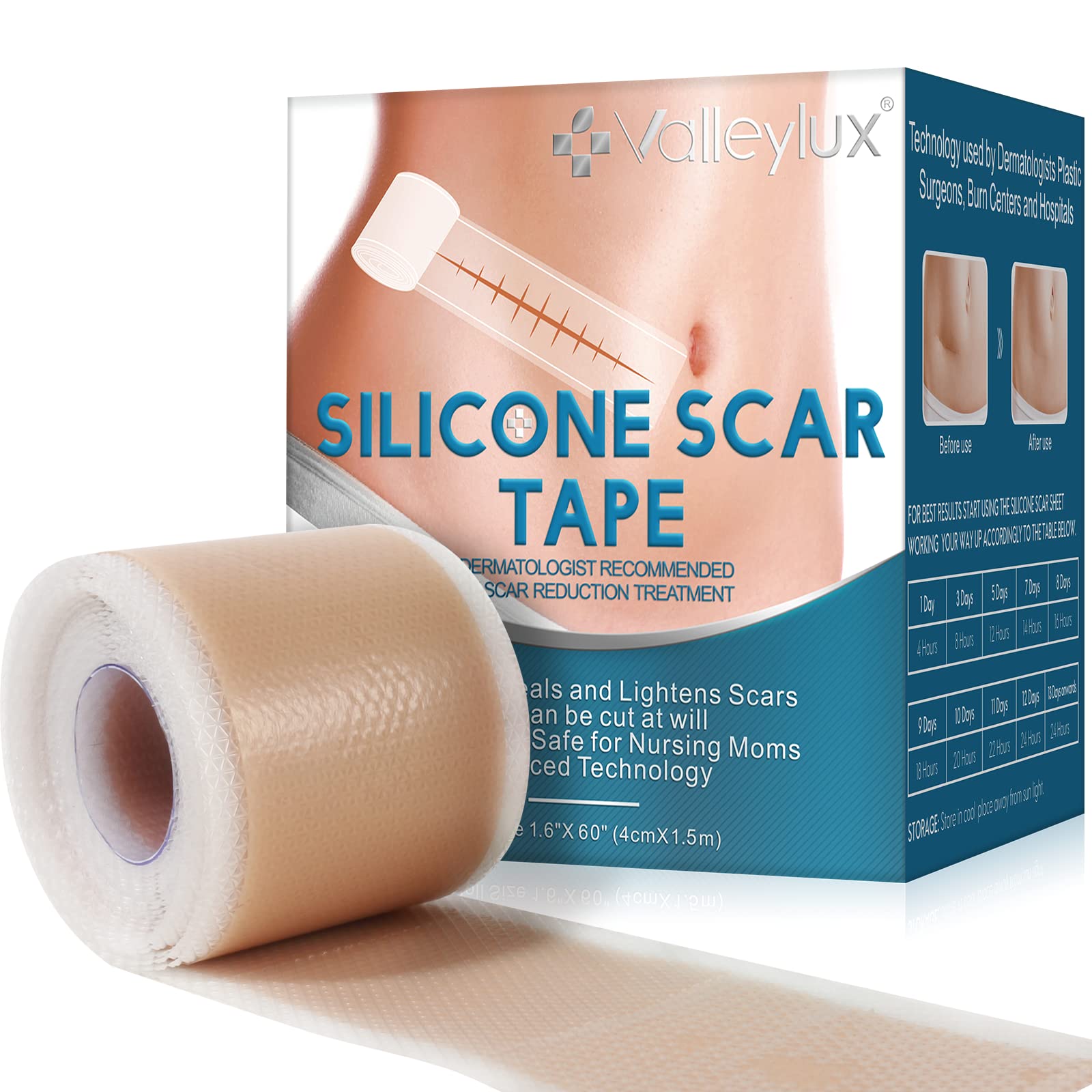 Reusable Silicone Scar Sheets(1.6”x 60”Roll-1.5M),Silicone Scar Roll,Scar Silicone Tape Strips,Professional Scar Removal Sheets for C-Section, Surgery, Burn, Keloid, Acne
