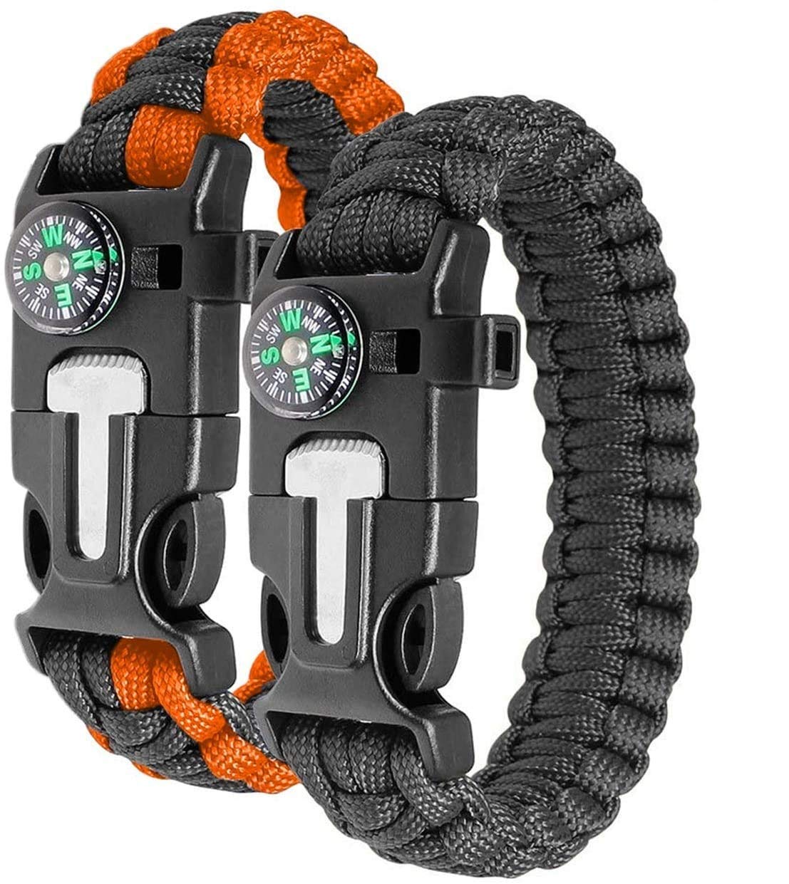Ember Rock Paracord Survival Bracelet - 2 Pack Survival Kit Firestarter Bracelets - Includes Compass, Firesteel, Whistle and Parachute Cord