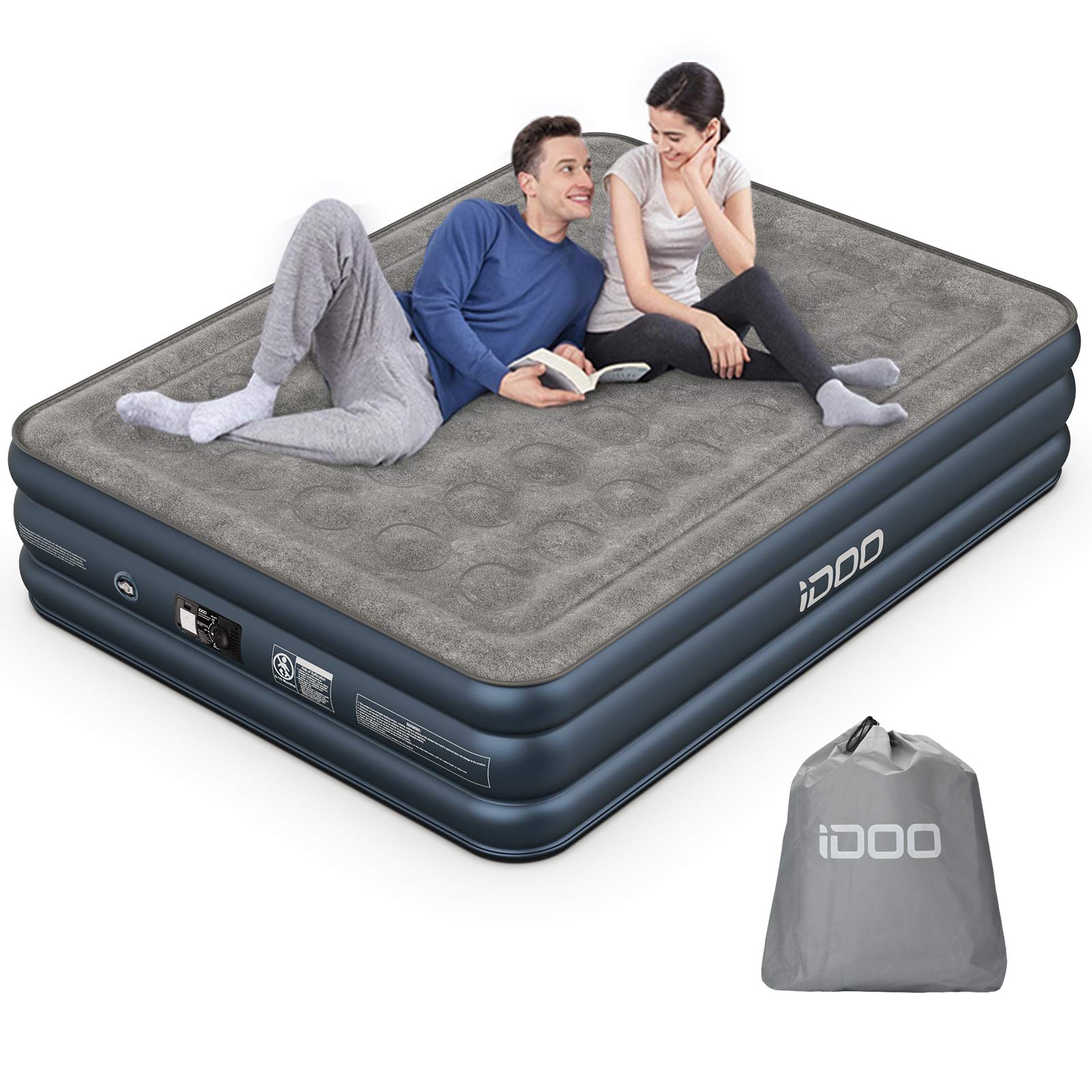 iDOO Queen size Air Bed, Inflatable bed with Built-in Pump, 3 Mins Quick Self-Inflation/Deflation Air Mattress, Blow Up Bed for Home Portable Camping Travel 205*156*46cm 295kg MAX