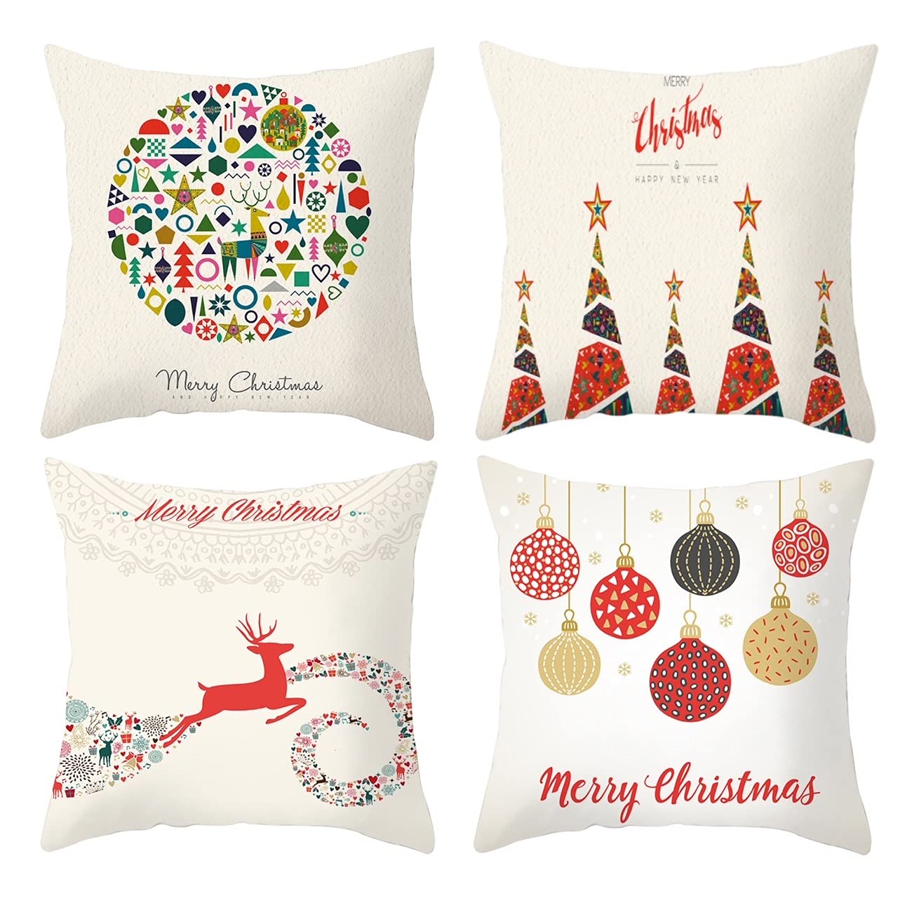 eBoutik - Set of Four Christmas Cushion Covers - Festive Pillow Designs For Sofa & Beds - Decorative Accessories (Colourful Christmas)