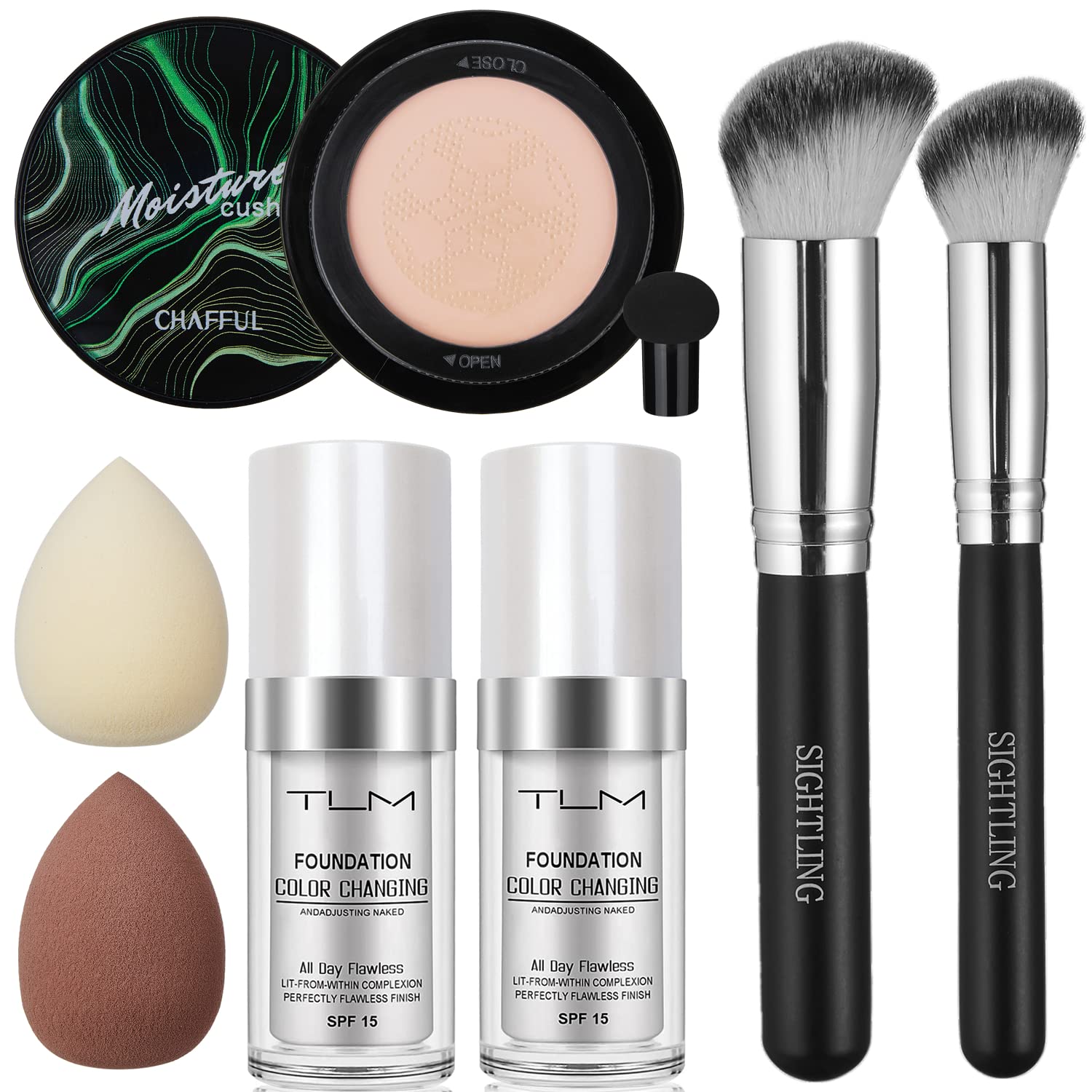 2PCS TLM 30ml Flawless Colour Changing Foundation Moisturizing Liquid Cover Concealer with Mushroom Head Air Cushion CC Cream Foundation & Kabuki Makeup Brushes & Makeup Sponge Blender Set