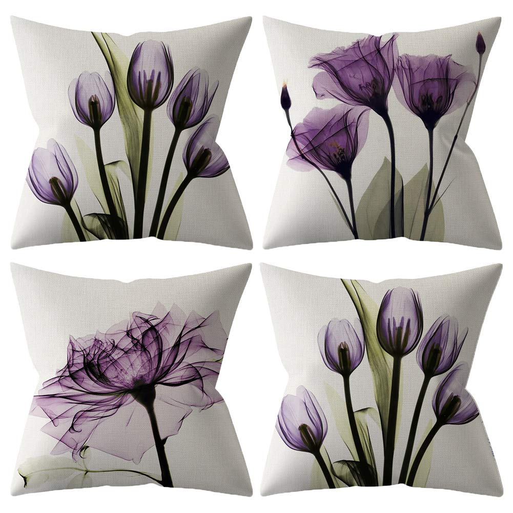 BCKAKQA Decorative Throw Pillow Covers 18x18 inches Set of 4 Purple Flower Cushion Covers 45cm x 45cm Boho Linen Square Throw Pillow Cases for Living Room Sofa Couch Bed Pillowcases