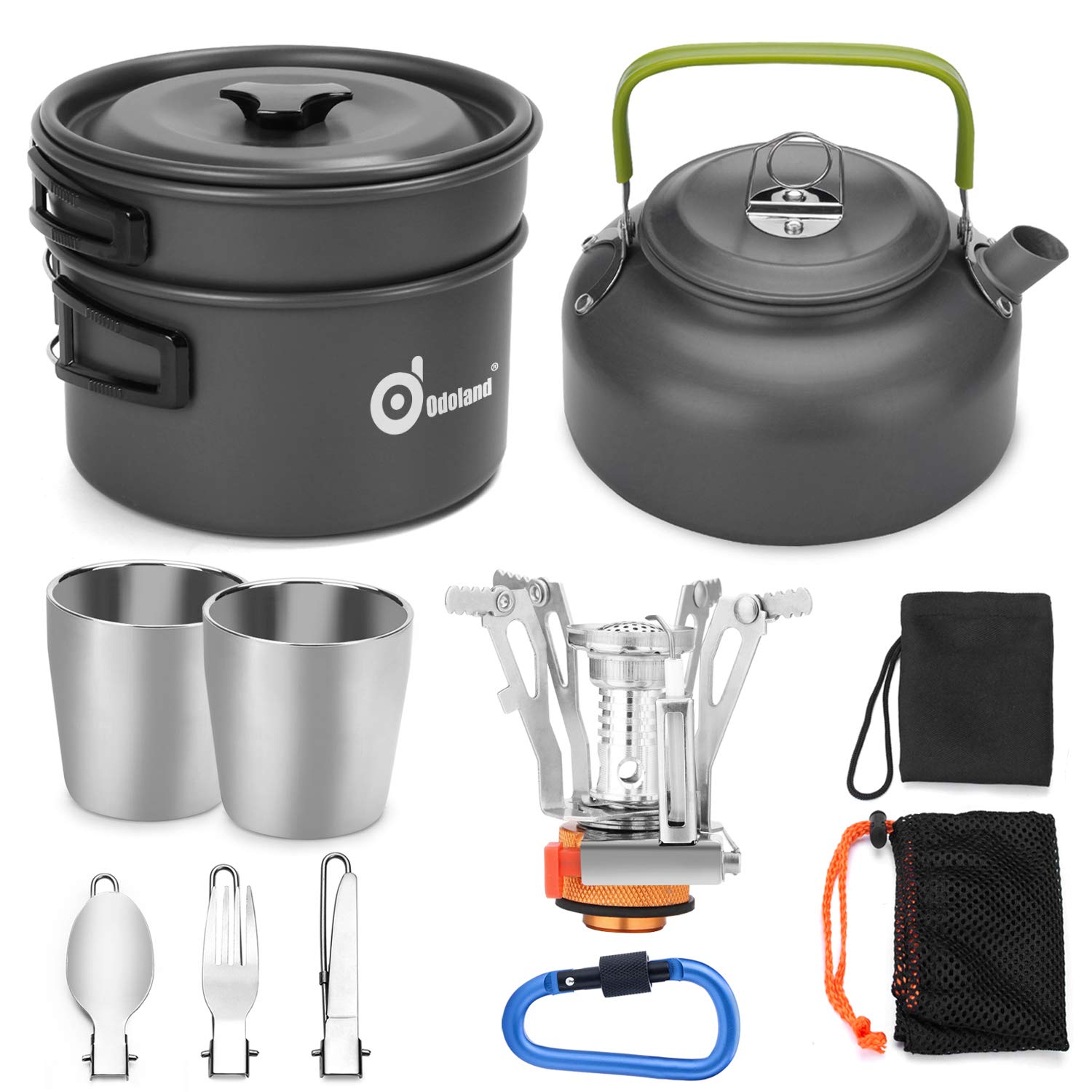 Odoland Camping Cooker Pan Set Aluminum Camping Cookware Kit for 2 People, Portable Outdoor Pot Pan Stove Kettle 2 Cups and Tableware - Backpacking Cookware for Picnic Trekking and Hiking