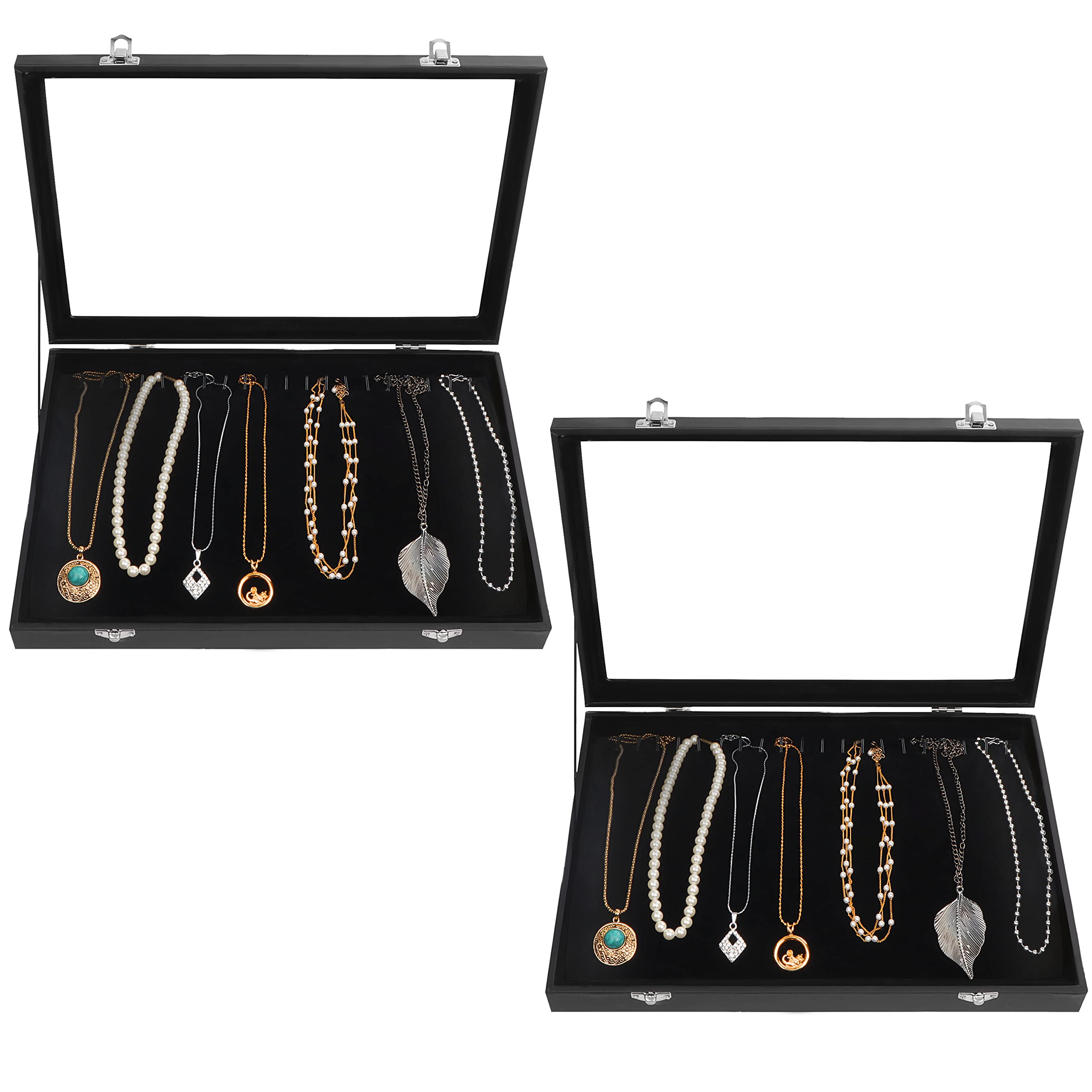 Kurtzy Black Velvet Necklace Jewellery Organise Storage Display Case Box Tray with 20 Hooks and Lockable Glass Lid (2 Pack) - Stackable Tray for Drawer - For Necklaces, Bracelets, Earrings and Anklets