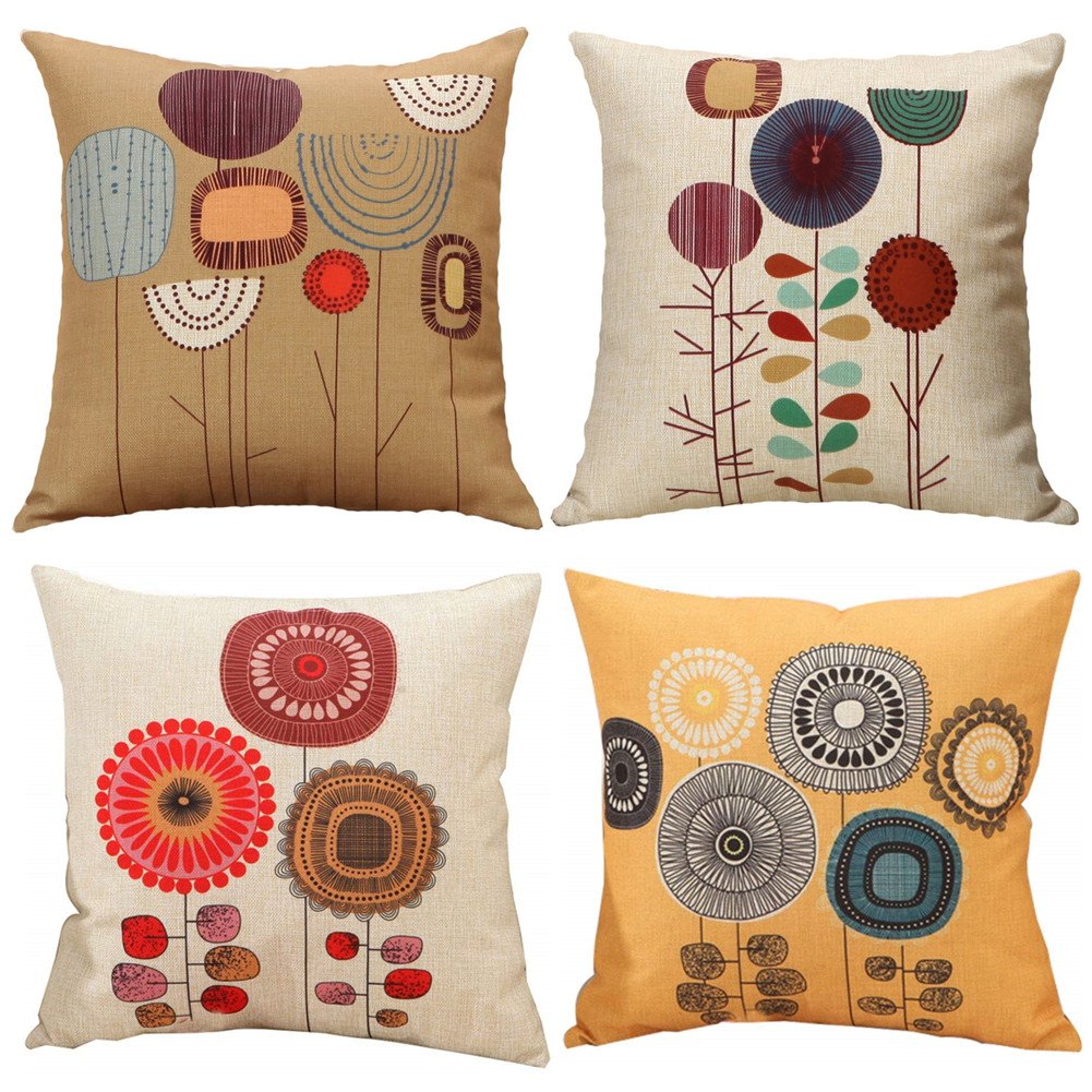 Freeas Cushion Cover, Set of 4 Cartoon Flowers Pattern Cotton and Linen Pillowcase Square House Sofa Cover 45 x 45 cm