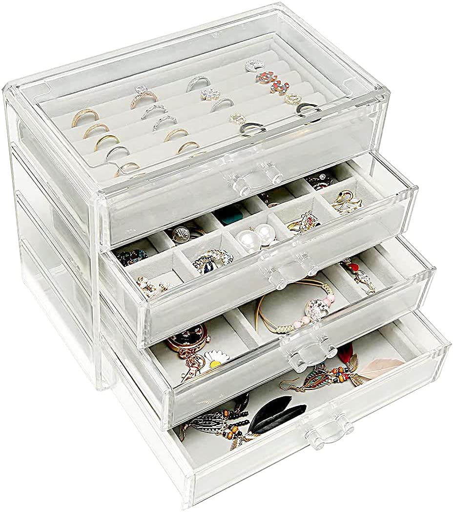 Clear Acrylic Jewellery Box with 4 Drawers Velvet Jewelry Organizer for Earring Necklace Ring Bracelet Clear Jewelry Display Storage Case…