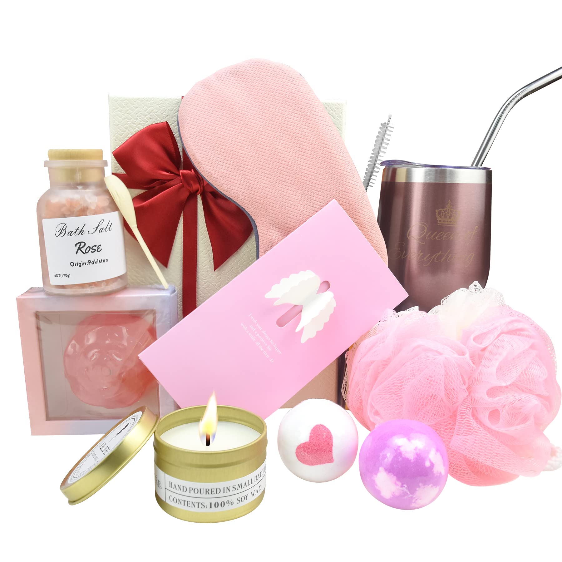 Pamper Hampers for women,Pamper Gifts for Birthday, Self Care Gifts Basket, Sleep & Relax Bath Gifts Set for Her, Spa Gift set with Bath bomb,Rose Bath Salt,Soap,Scented Candle,Wine Tumbler,Sleep Mask