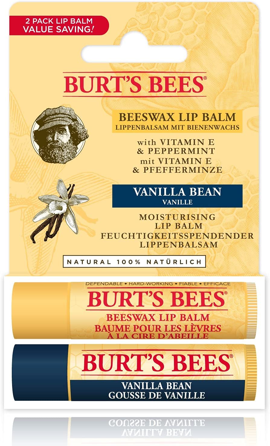 Burt's Bees Lip Balm Multipack | Moisturising Lip Balm Set with Beeswax and Vitamin E | Beeswax and Vanilla Bean | 100% Natural Origin | 2 Tubes x 4.25g