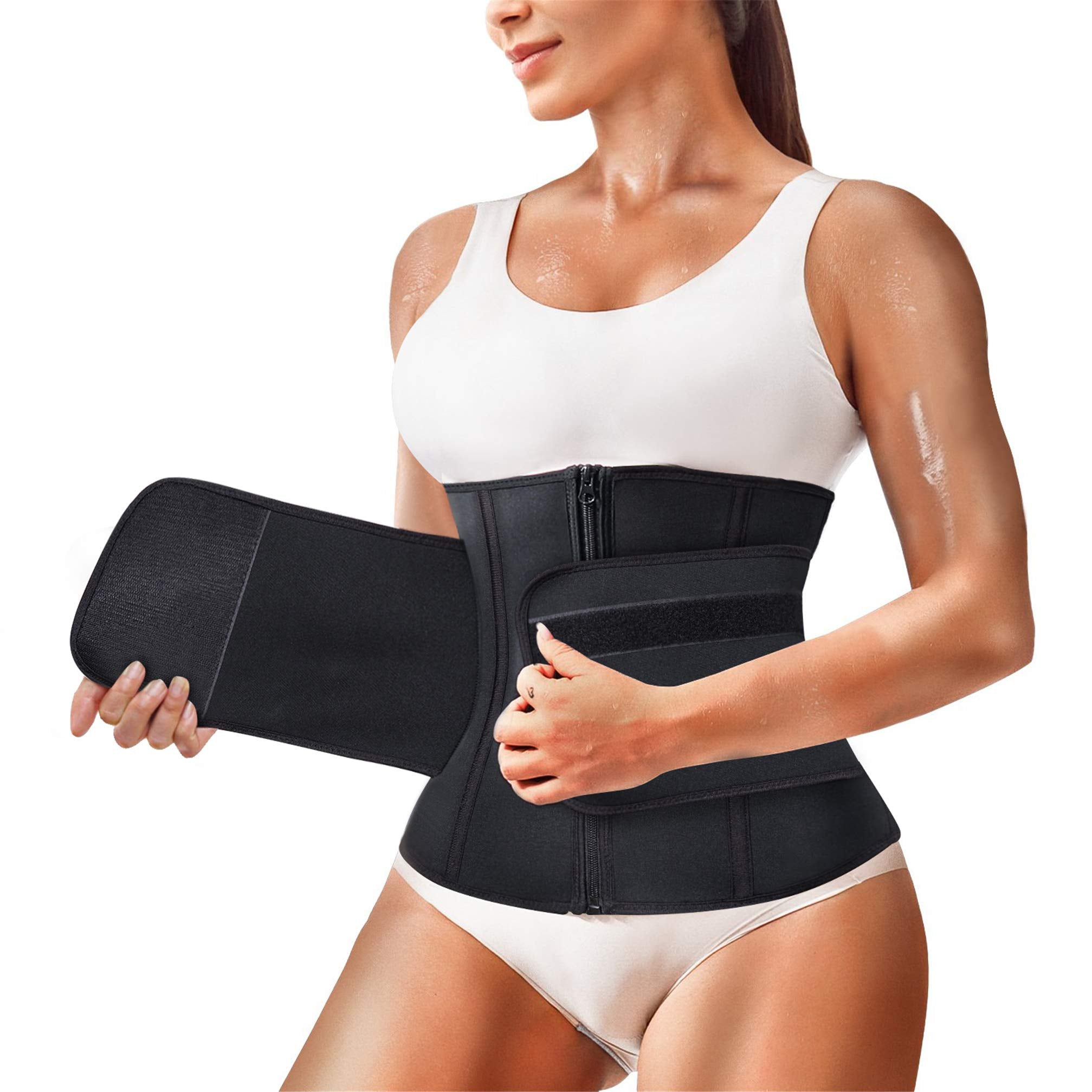 Chumian Women Waist Trainer Trimmer Belt Slimming Body Shaper Cincher for Weight Loss Adjustable Belly Band Sweat Workout Girdle with Zipper