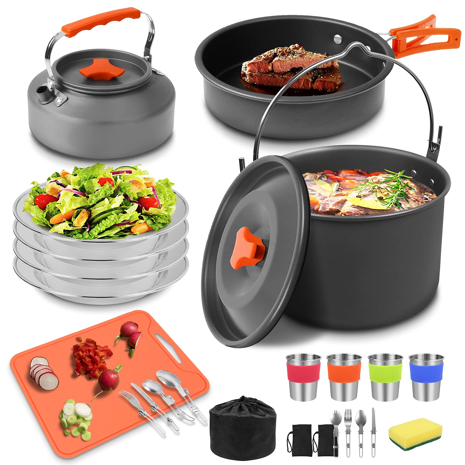 Camping Cooking Cookware Set 31pcs, Outside Camping Hanging Pot Pan and Kettle Kit for 3-4 People Picnic Backpacking Hiking Fishing, Lightweight Camping Accessories Cooking Set (Orange)