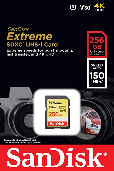SanDisk Extreme 256 GB SDXC Memory Card, Up to 150 MB/s, Class 10, U3, V30