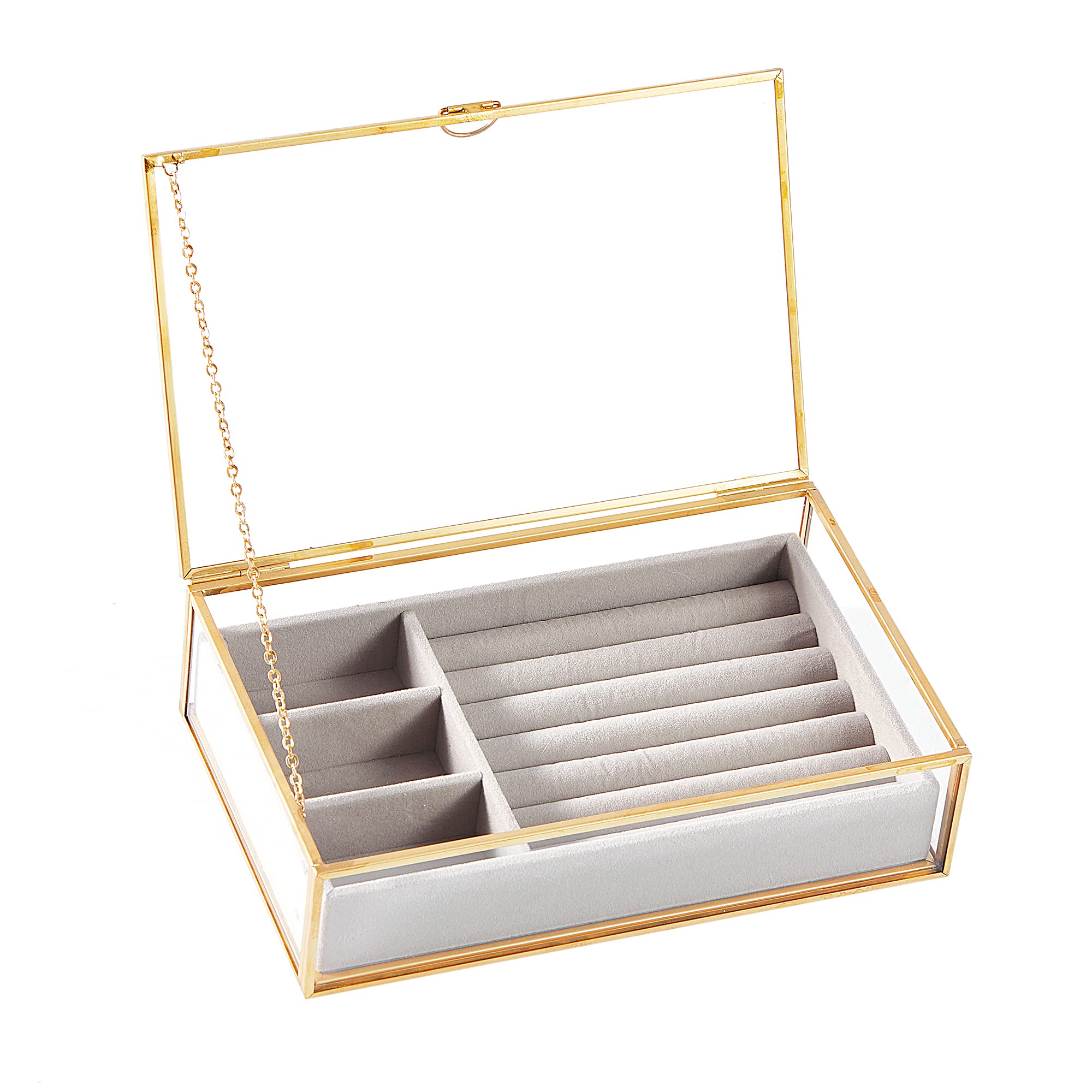 Golden Vintage Clear Glass Jewelry Box with Gray Velvet Organizer (8.3x5.3x2 ​in)