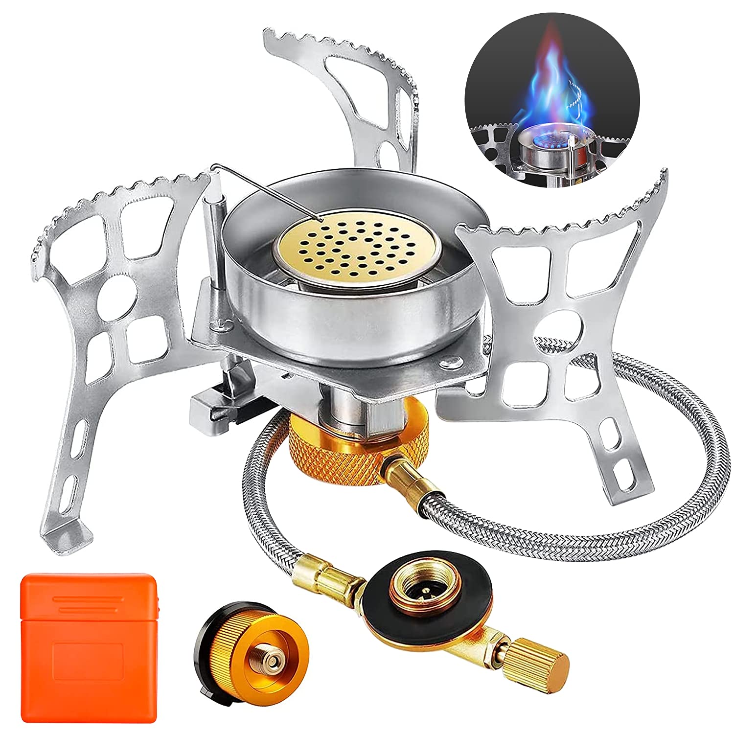 Camping Gas Stove, Portable Windproof Backpacking Burner Cooking Stoves for Hiking Fishing Picnic with Piezo Ignition & Adapters Converter