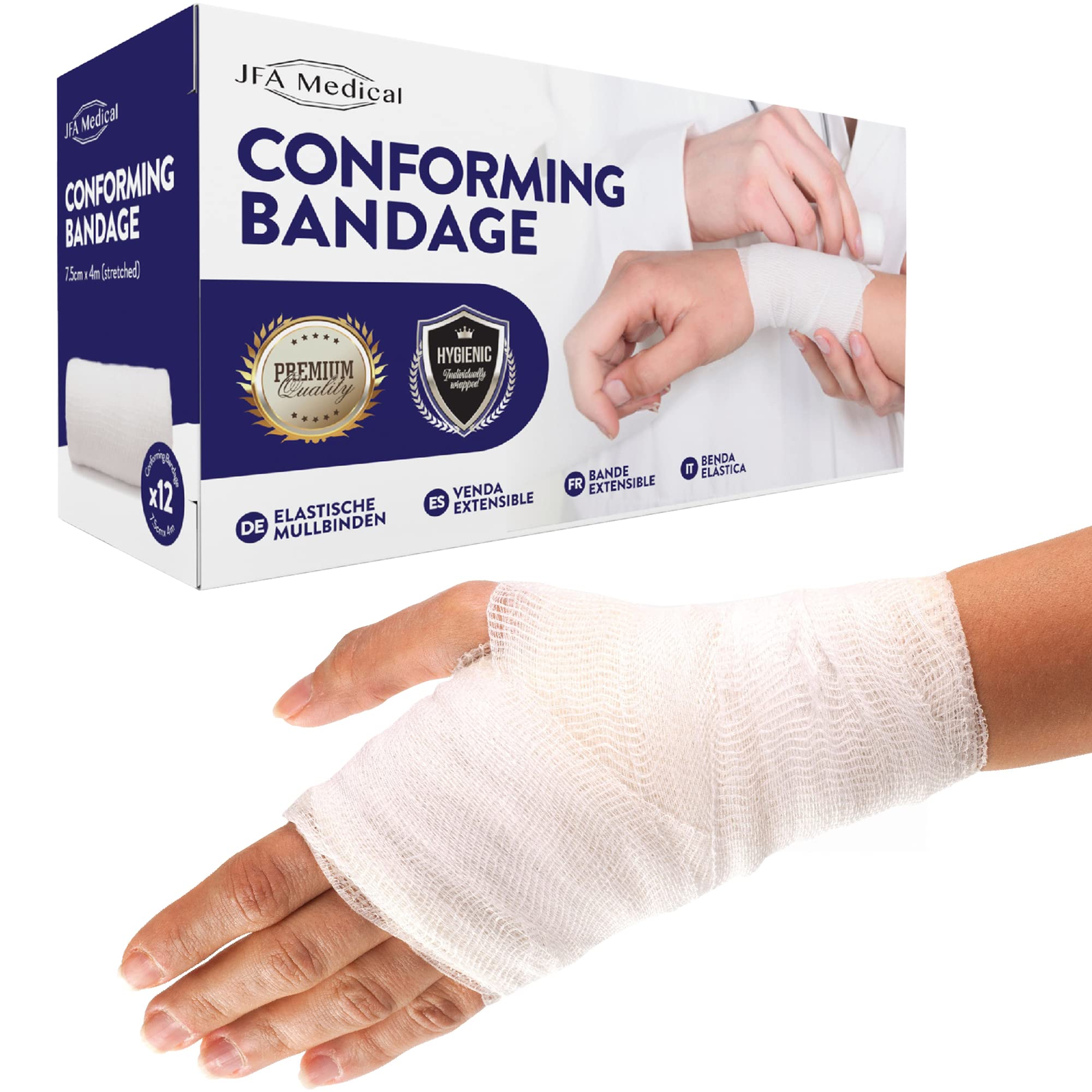 JFA Medical Conforming Bandage, Gauze Bandage Roll 7.5cm x 4m - Pack of 12