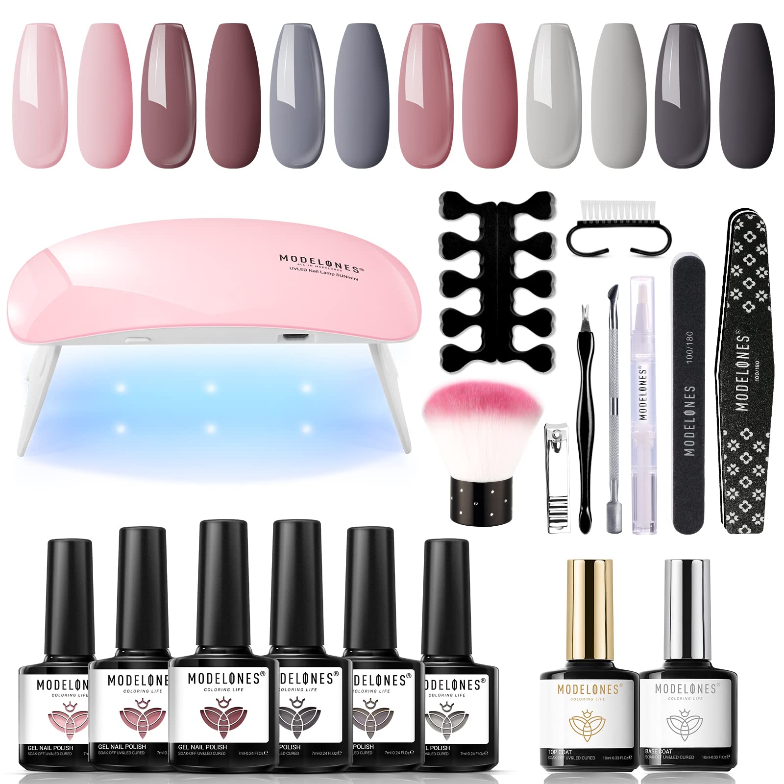 Gel Nail Kit with LED Nail Lamp, 6 Pcs Pink Gray Nude Gel Nail Polishes Set All Seasons Gel Polish, Base and Gel Top Coat, Nail Tools, Portable Gel Nail Starter Kit for Beginners Home DIY by Modelones