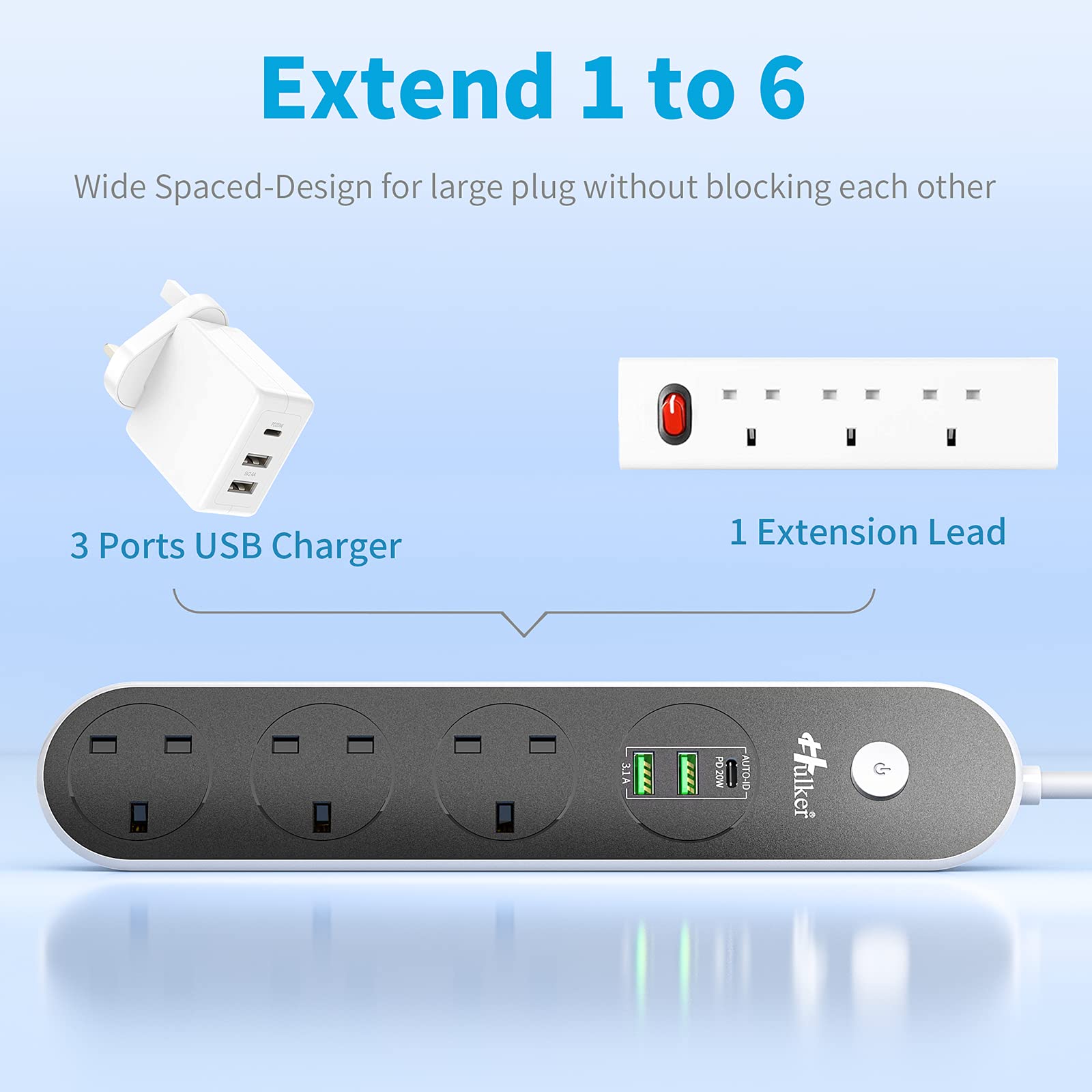 Extension Lead With USB C Port PD 20W, 3 Way Outlets (3250W 13A) Power Strip with 1 PD 20W TYPE C and 2 USB Ports, Safety Door Multi Plug Extension Socket with 1.6M Bold Extension cord for Home Office
