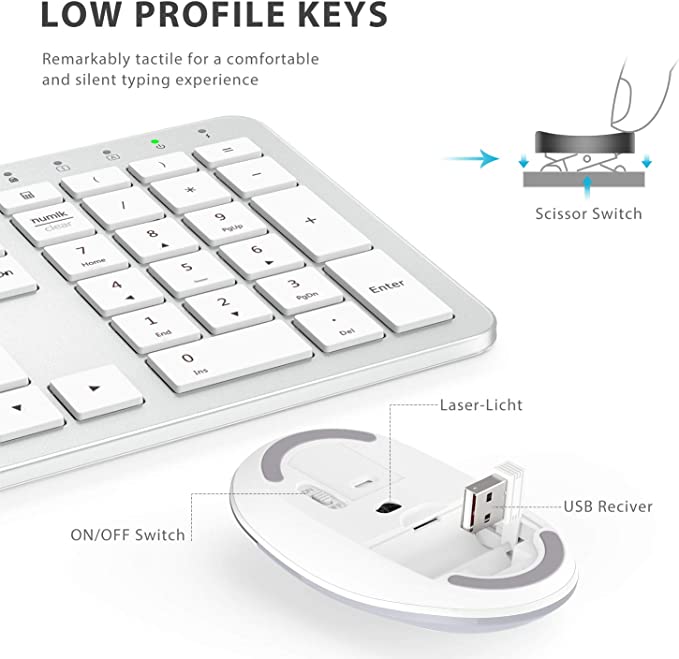 Wireless Keyboard and Mouse for Mac - iClever GK08 Rechargeable Wireless Keyboard Ergonomic Full Size Design, 2.4G Stable Connection Slim White Keyboard and Mouse for Windows, Mac OS Computer