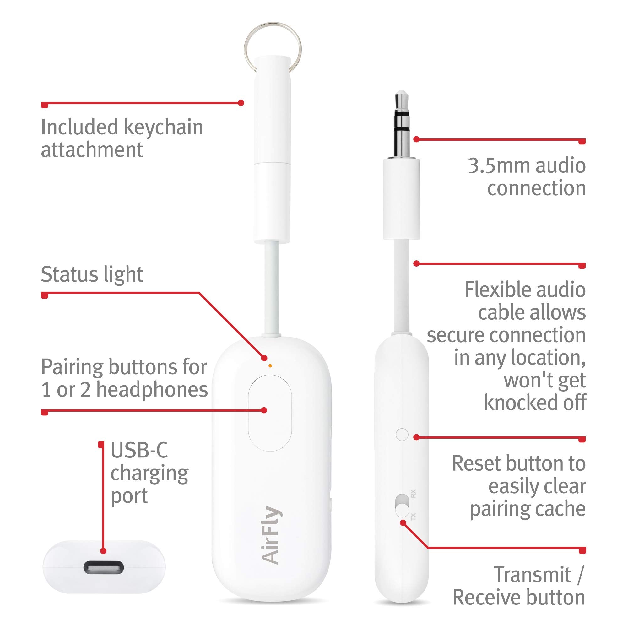 Twelve South AirFly Pro | Wireless transmitter/ receiver with audio sharing for up to 2 AirPods /wireless headphones to any audio jack for airplane, car, gym or home use