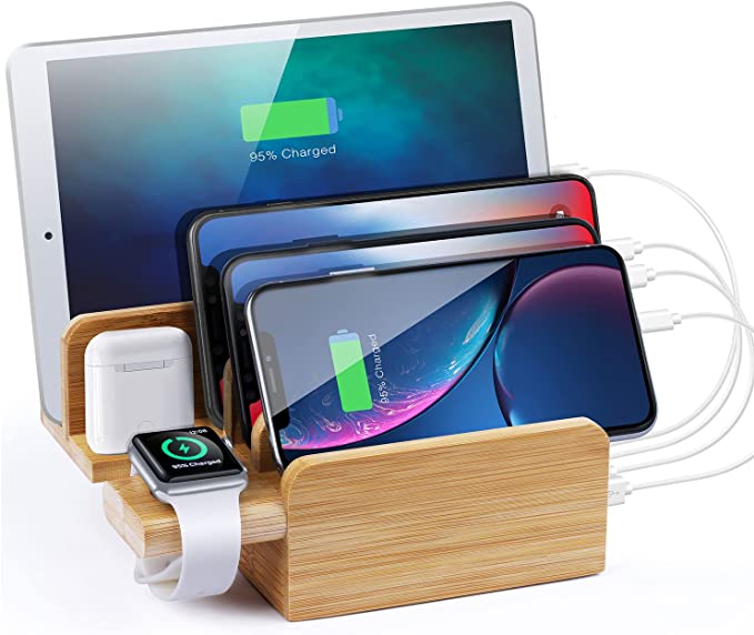 Sendowtek Bamboo USB Charging Station, Apple Watch Stand, 6 Port 40W USB-C for Samsung S10/9/8/7, iPhone Charging Dock for XR/X/XS/8/8+/7/7Plus, Pad, earpods(5 Pack Cables)