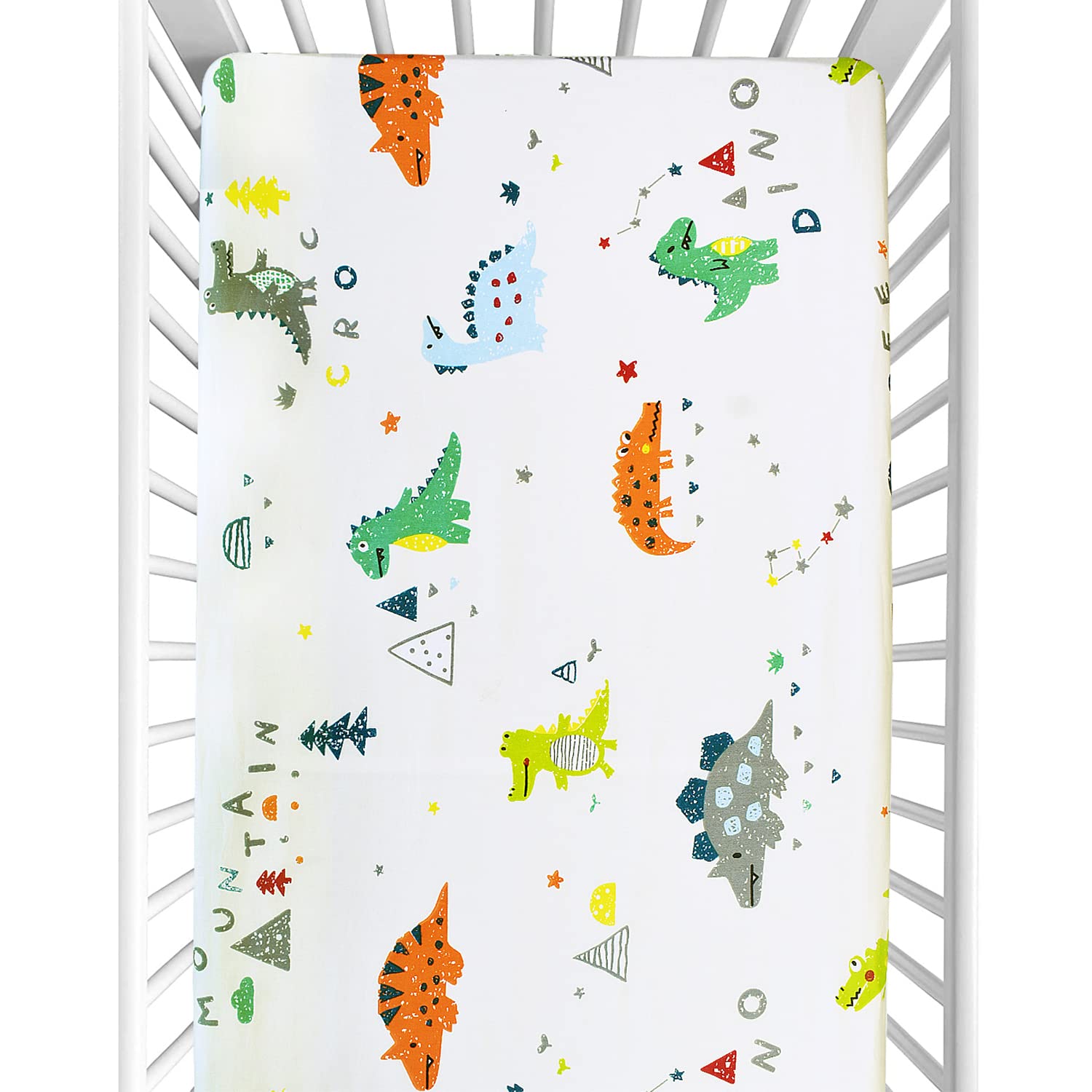 Baby Cot Bed Fitted Sheets, Ynaice 100% Organic Cotton Toddler Crib Sheets 70 × 140cm, Travel Cot Sheets with Printed Design, Mattress Protector for Boys and Girls Soft and Breathable - Dinosaur