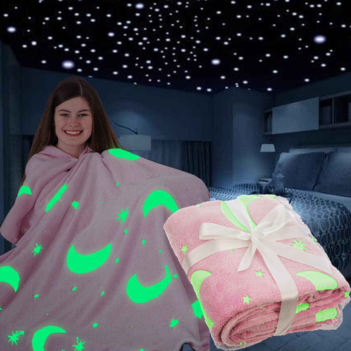 FiNeWaY Glow in The Dark Throw Blanket Flannel Moon Star Unicorn Gifts for Kids Girls Boys Adults Bedroom Cosy Warm Super Soft Plush Fleece Faux Fur (Moon & Stars Pink)