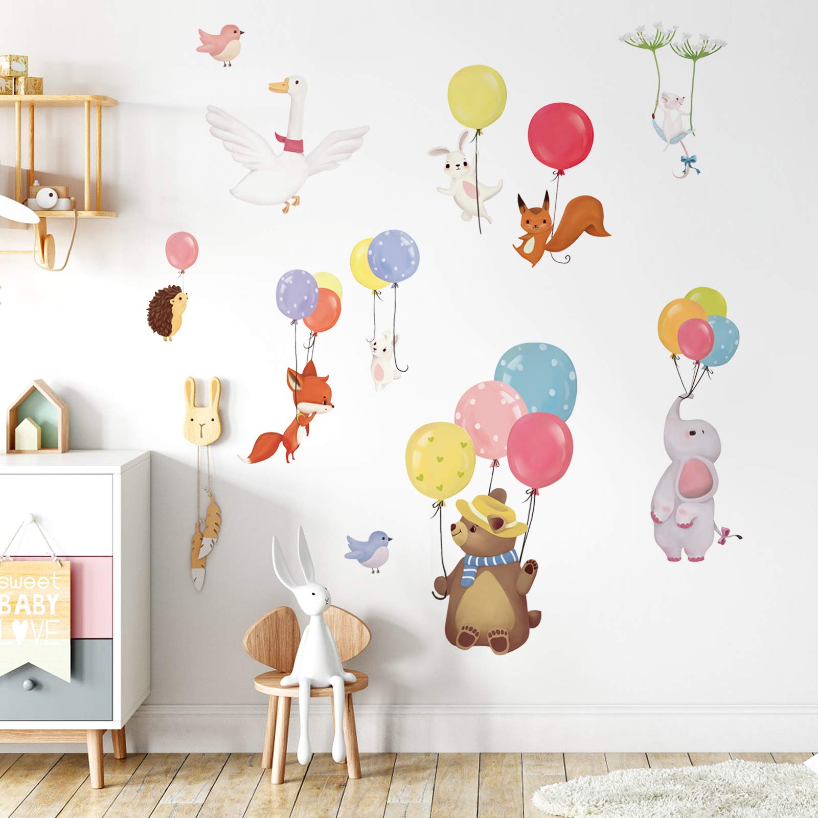 decalmile Colorful Balloon Flying Animals Wall Decals Elephant Bear Fox Wall Stickers Baby Nursery Kids Bedroom Classroom Wall Decor