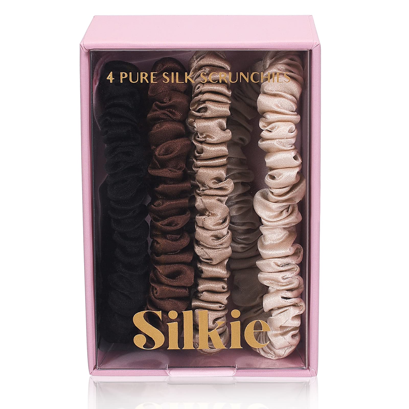 SILKIE x4 Set 100% Pure Mulberry Silk Black Brown Skinny Scrunchies Travel Pouch Everyday Hair Ties Elastics Hair Care Ponytail Holder No Damage