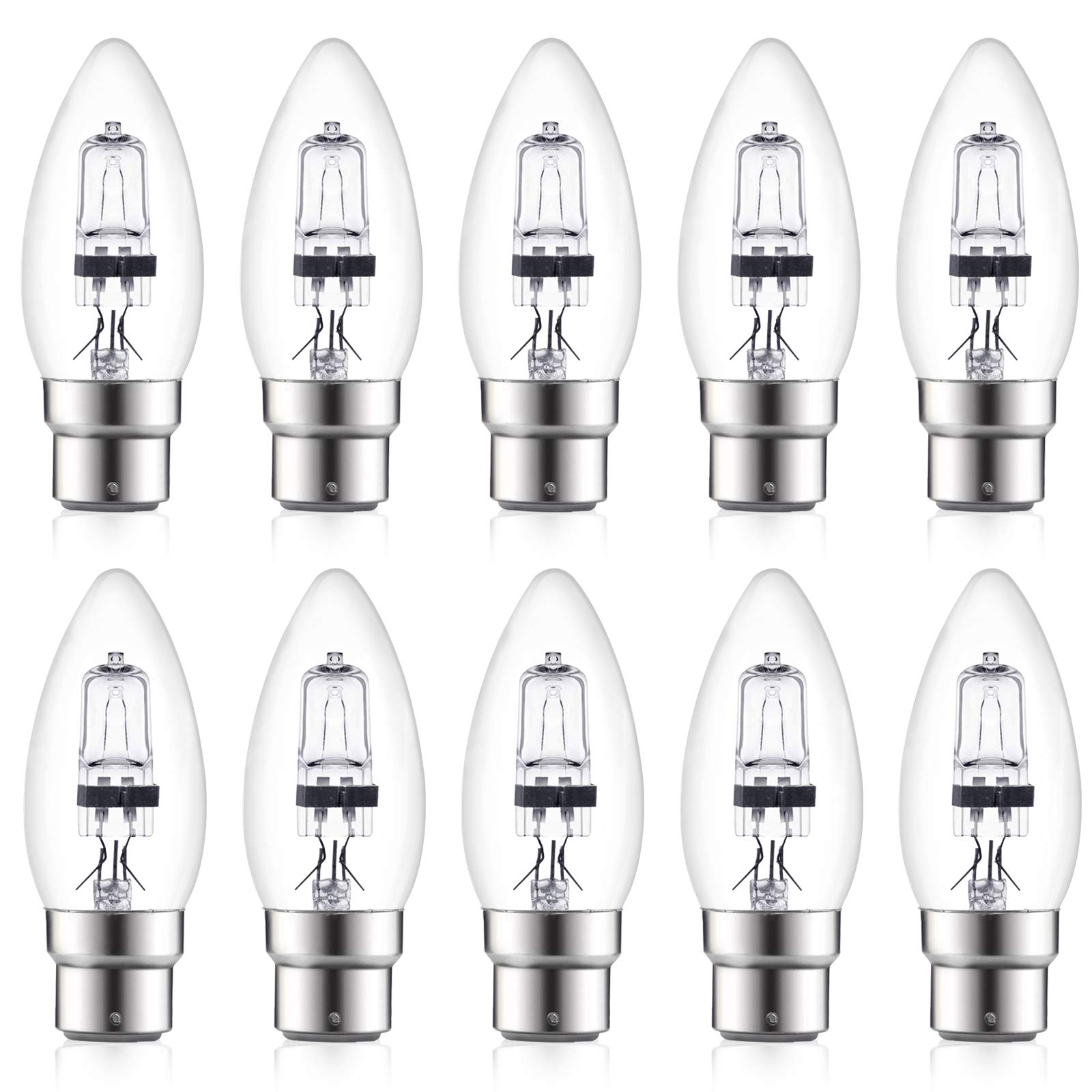 Luxvista 10-Pack BC B22 Halogen Candle Bulbs Bayonet 42W, C35 B22 Bayonet Cap Dimmable Candle Light Bulb, Warm White 2700K, Classic Clear Glass Light Bulb for Chandeliers, Ceiling Fixture