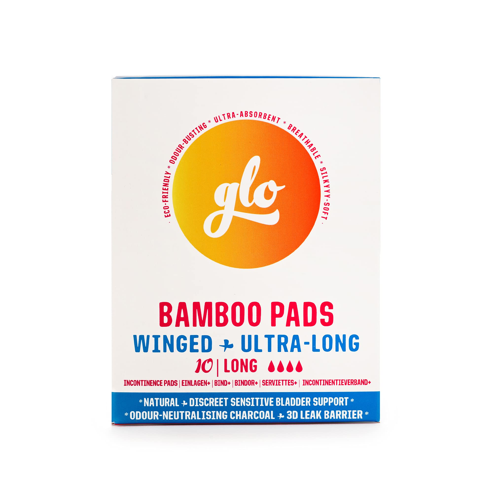 glo Organic Bamboo Light Incontinence Pads Ultra Biodegradable for Sensitive Bladders & Periods - Superior Leak Protection and Comfort Long Pads (280 mm) - 10 Count