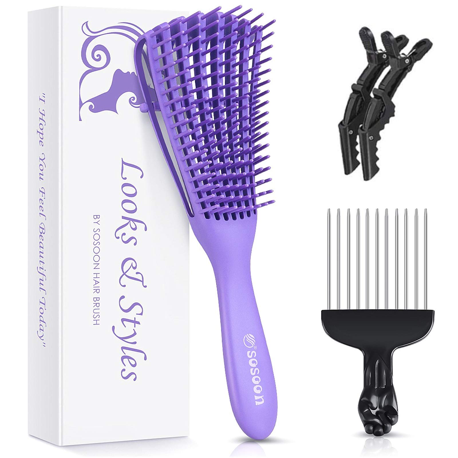 Detangle Hair Brush, Detangler Brush for Women Girls Wet Dry Afro 3a to 4c Thick Frizzly Wavy Kinky Curly Coily Natural Hair, Detangling Hairbrush with Metal Pick Comb, Purple