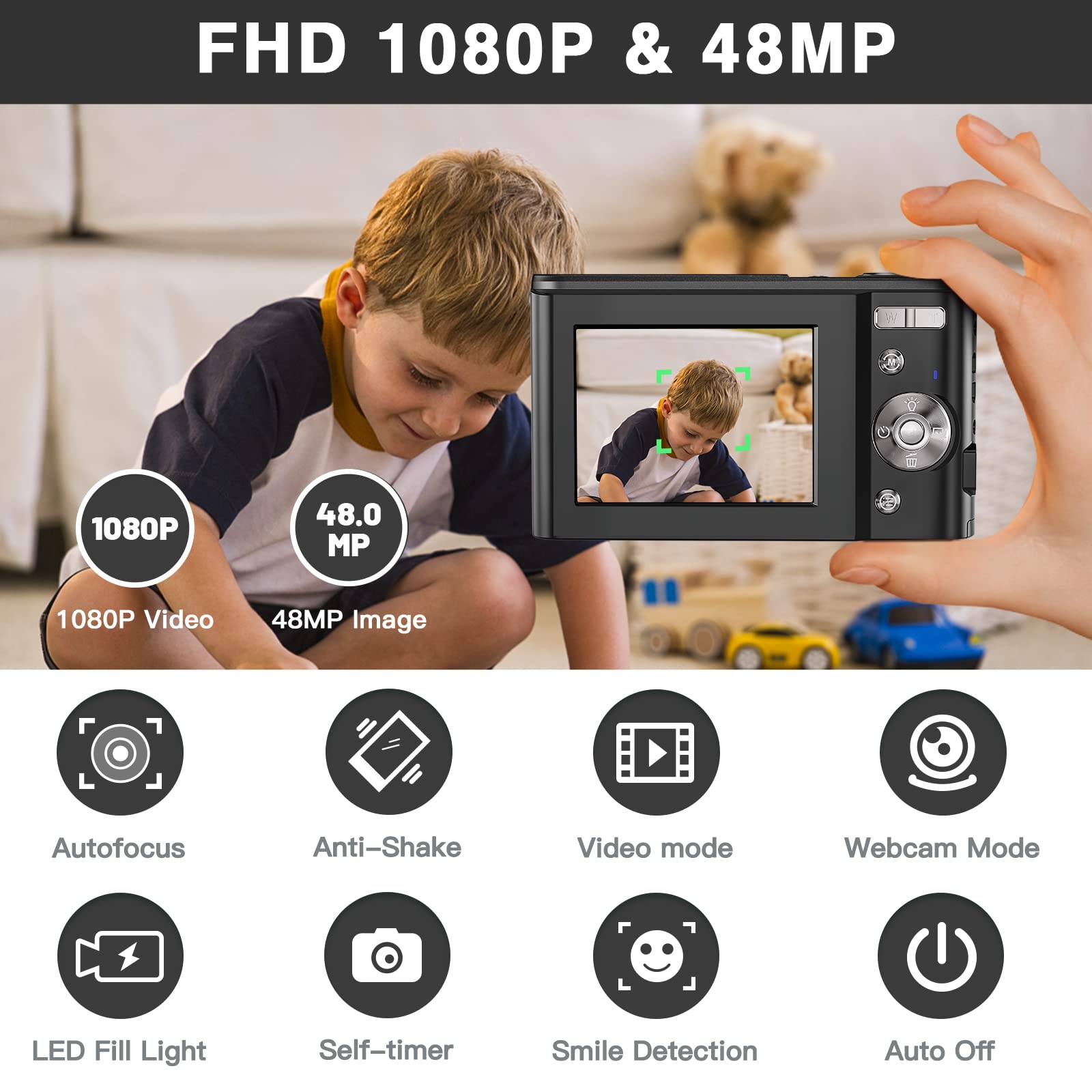Sevenat Digital Camera Autofocus Vlogging Camera with 32G SD Card FHD 1080P 48MP 16X Digital Zoom Compact Easy to Use Portable Cameras for Photography for Kids Teenagers Adult Beginners Student Black