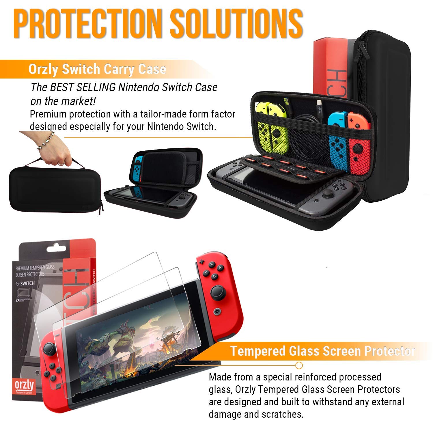 Orzly Accessory Bundle Kit designed for Nintendo Switch Accessories Geeks and OLED console users Case and Screen Protector, Joycon Grips and Wheels for enhanced games play and more - Jet black