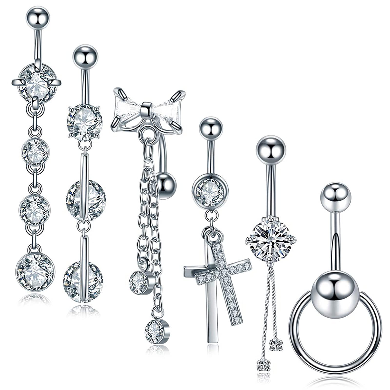 Aumeo 6PCS 14G CZ Belly Button Bars Dangly Belly Bars Stainless Steel Belly Piercing Jewellery