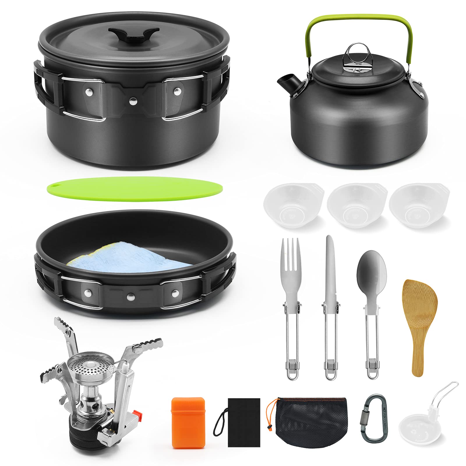 DETENG 16pcs Camping Cookware Kit,Outdoor Cooking Set with Kettle, Aluminum Lightweight foldable Camping Pot and Pan for 2 to 3 People Camping,Hiking,Picnic