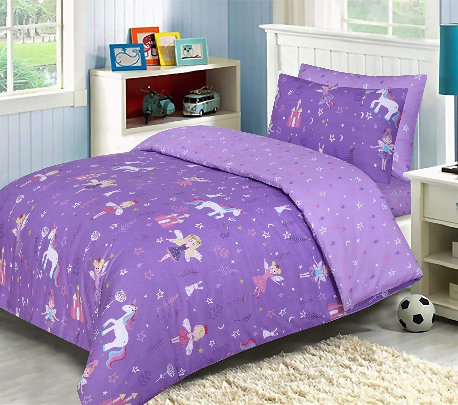 Indus Textiles Girls Childrens Kids Complete Duvet Cover Sets - Fitted Sheet and Pillowcases Matching - 100% Soft Cotton - Reversible - Unicorn Purple - Single Complete Set