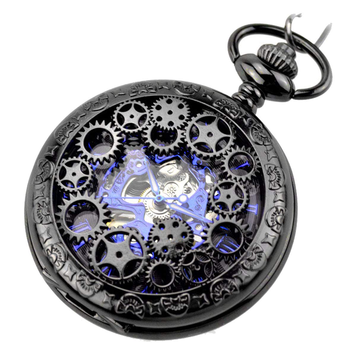 JewelryWe Classic Antique Half Hunter Metal Hollow Skeleton Hand Wind Mechanical Pocket Watch with Chain