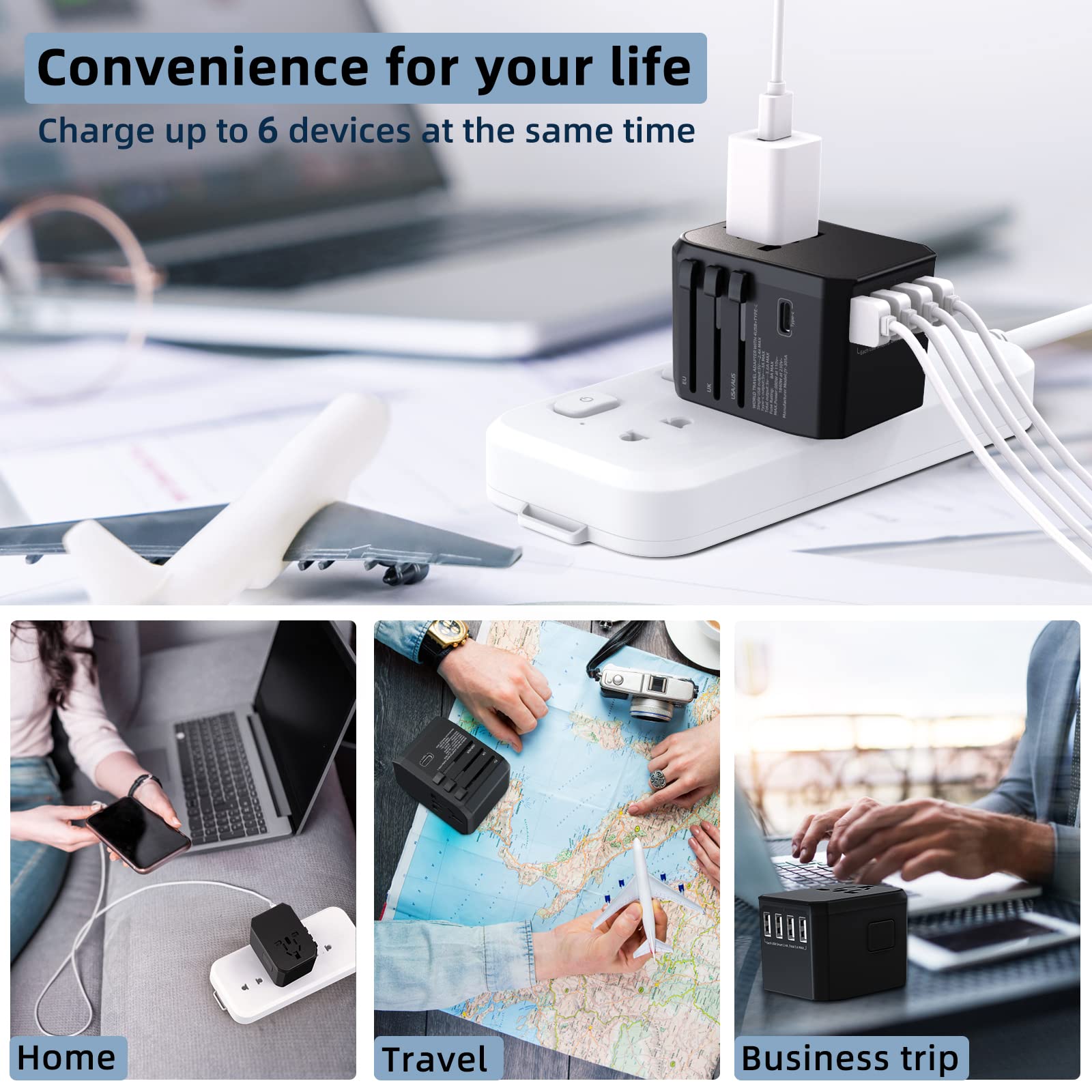 Travel Plug Universal Travel Adapter, International Plug Power Adapter with 5.6A Smart Multi USB + 3.0A Type-C + Universal AC Socket, Worldwide All-In-One Travel Adapter for 180+ Countries(Black)