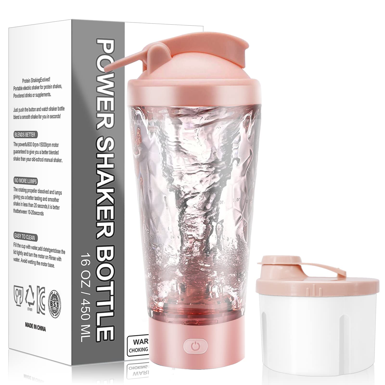 Electric Protein Shaker Bottle, 16 oz Rechargeable Protein Shaker with Powder Storage Box, BPA Free, Blender Bottles Protein Shaker Cup for Protein Mixes, Protein Shakes (Pink)