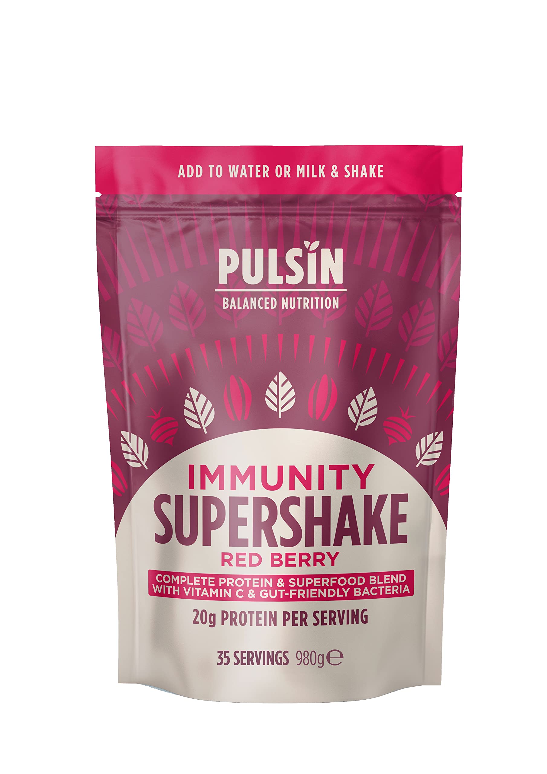 Pulsin - Red Berry Vegan Supershake - 980g - Plant Based Vegan Immunity Support Protein Powder - Gluten & Free Dairy Free