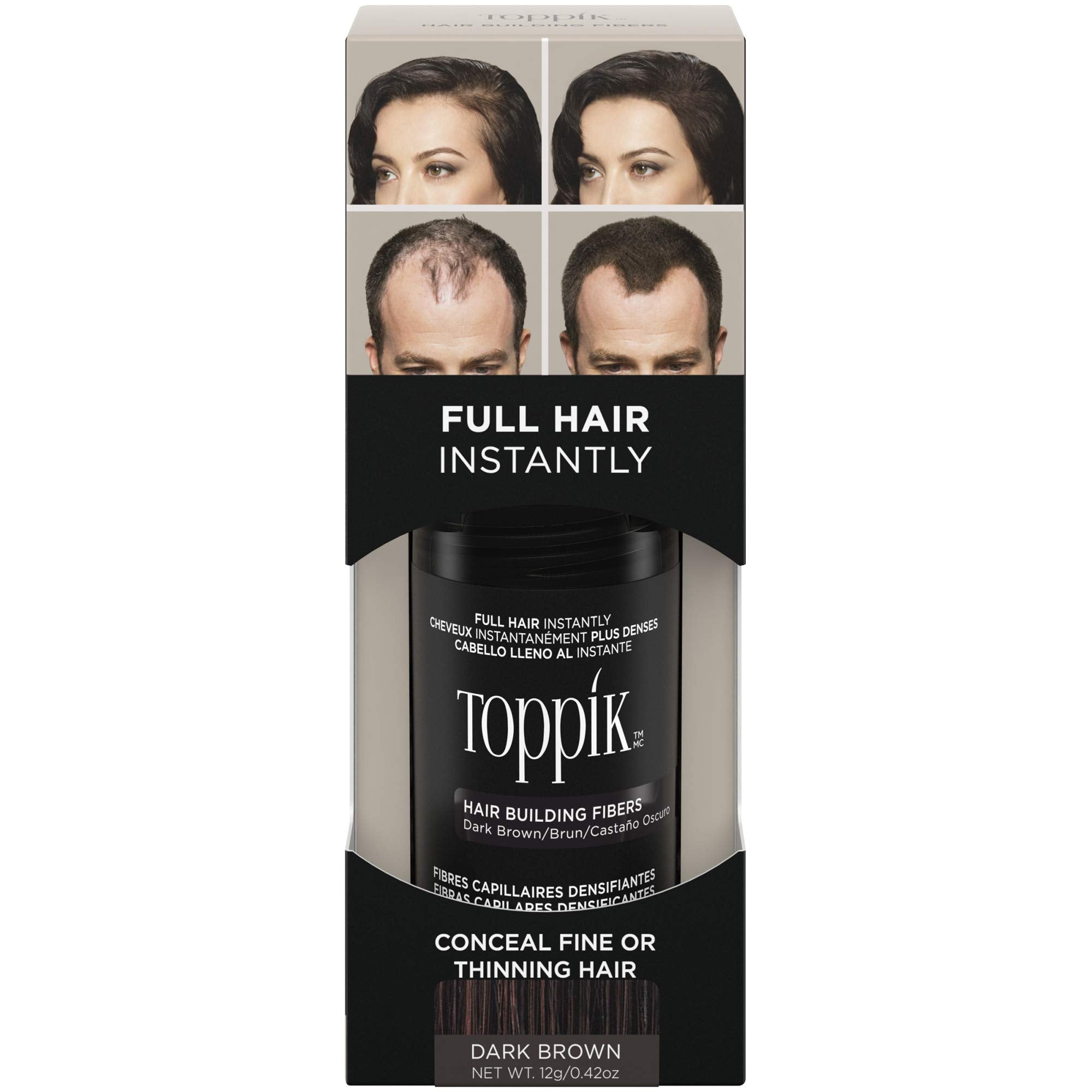 Toppik Hair Building Fibres Powder, Dark Brown, Keratin-Derived Fibres for Naturally Thicker Looking Hair, 12g