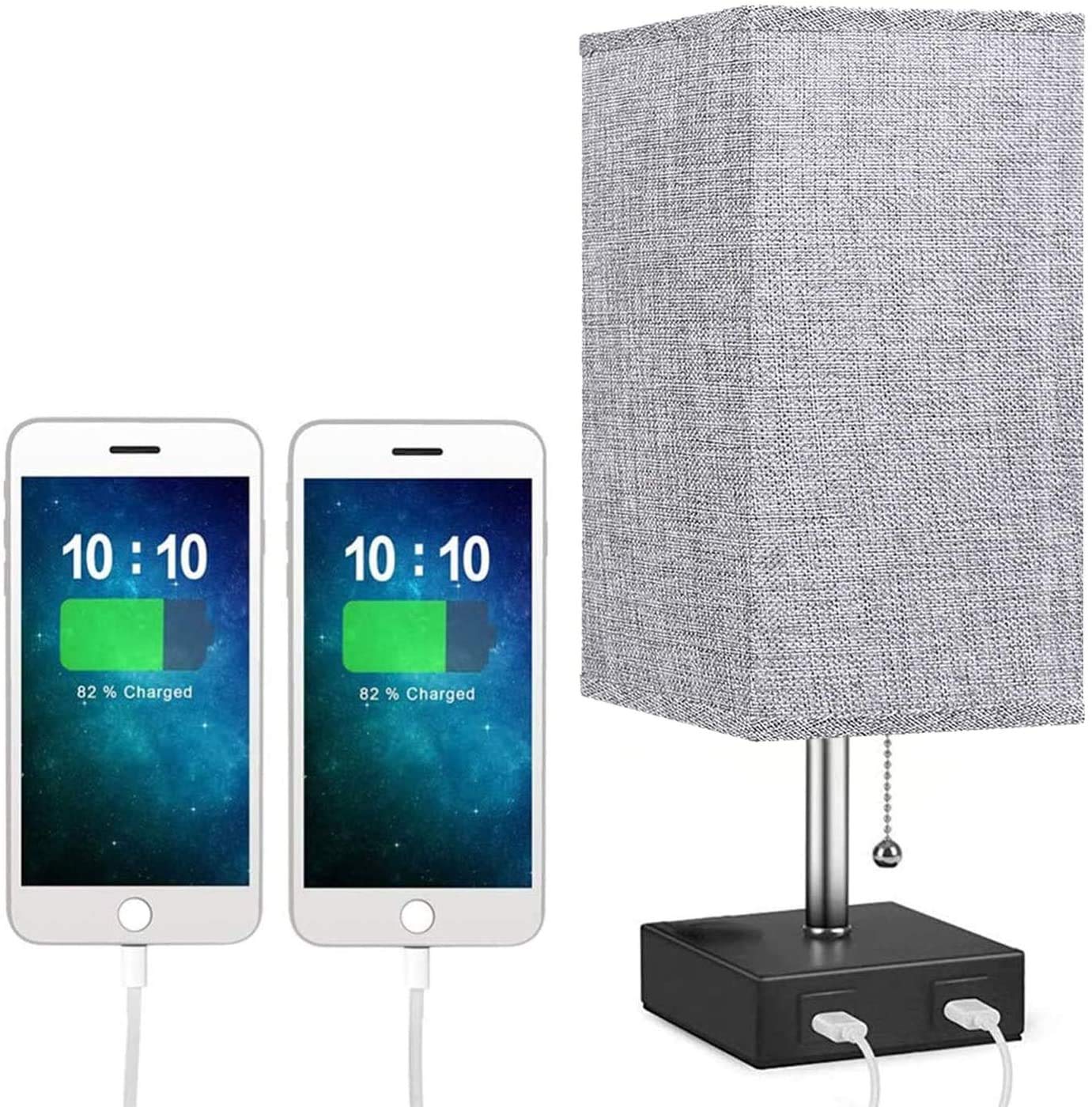 USB Bedside Table Lamps, Modern Table & Desk Lamp with 2 Useful USB Quick Charging Port, Nightstand Lamp with Grey Fabric Shade Perfect for Bedroom, Living Room, Study Room (1 Pack)